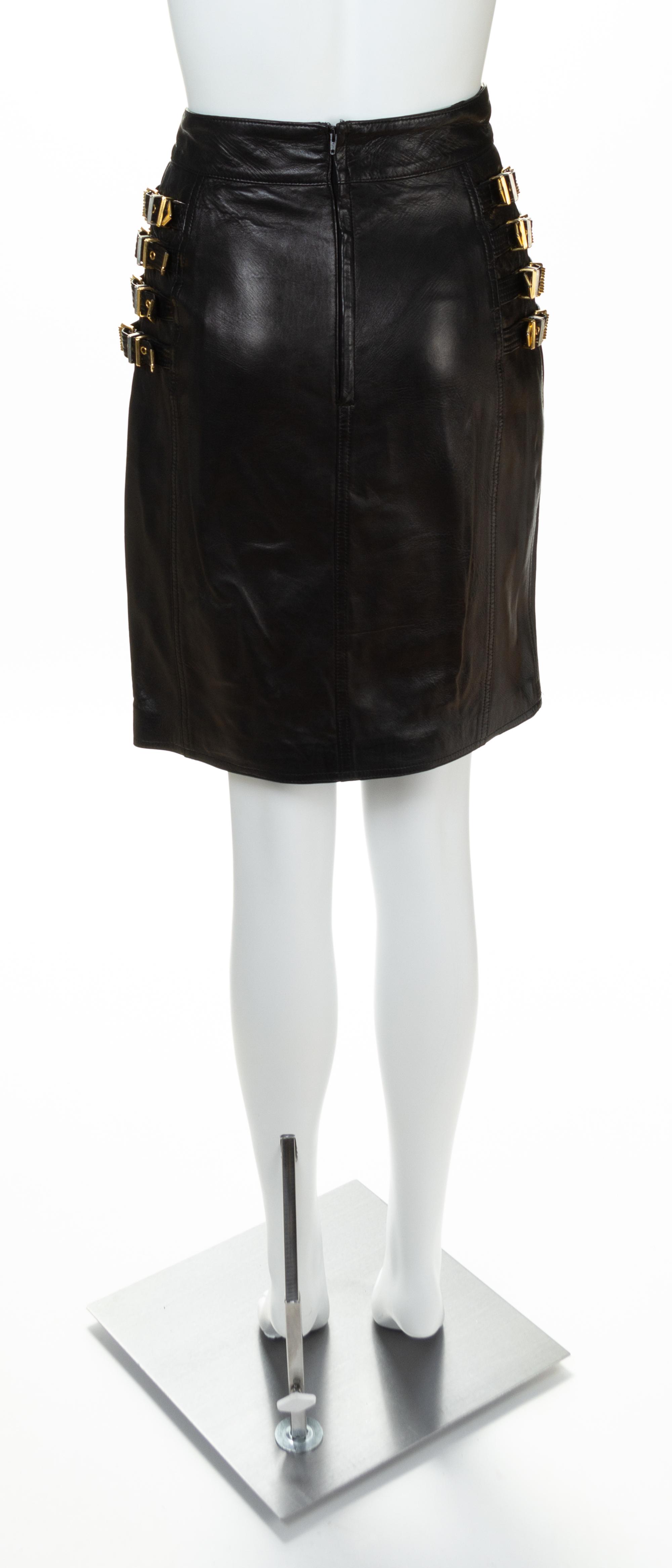 A Gianni Versace Black Leather Bondage Skirt, Size 42.