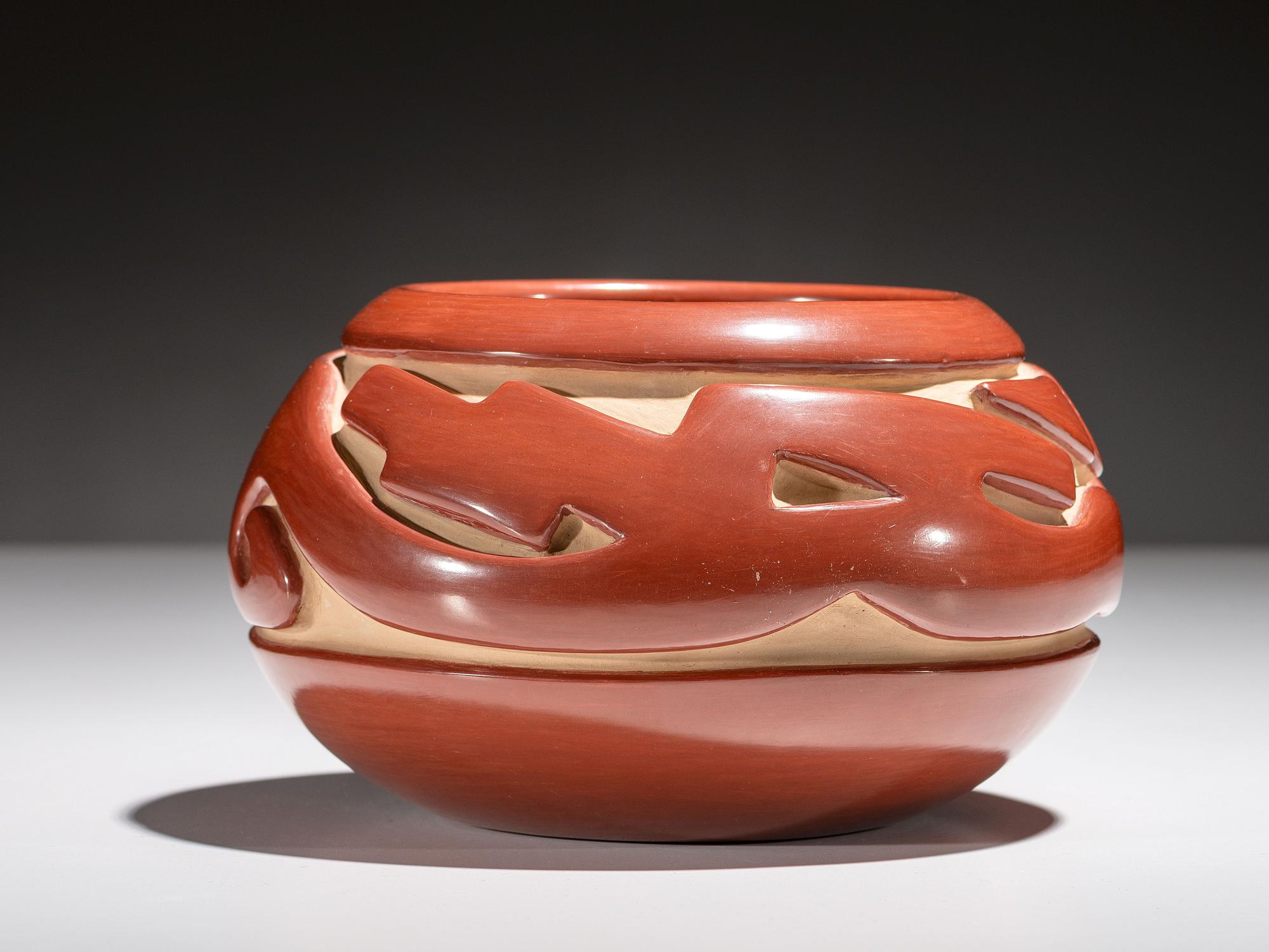 Carved Redware Pottery Bowl