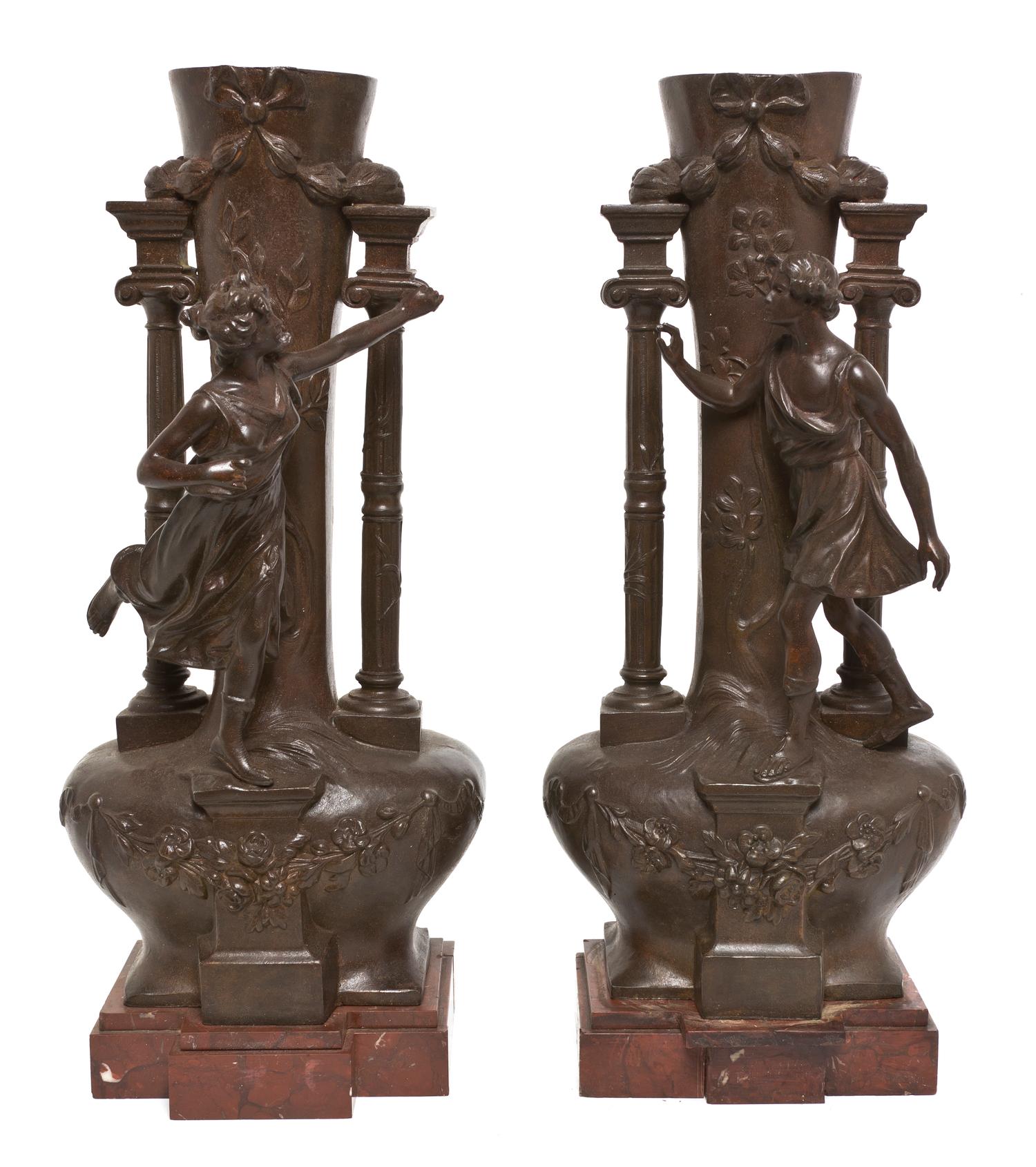 A Pair of French Cast Metal Figural Vases, Height 18 1/2 inches.