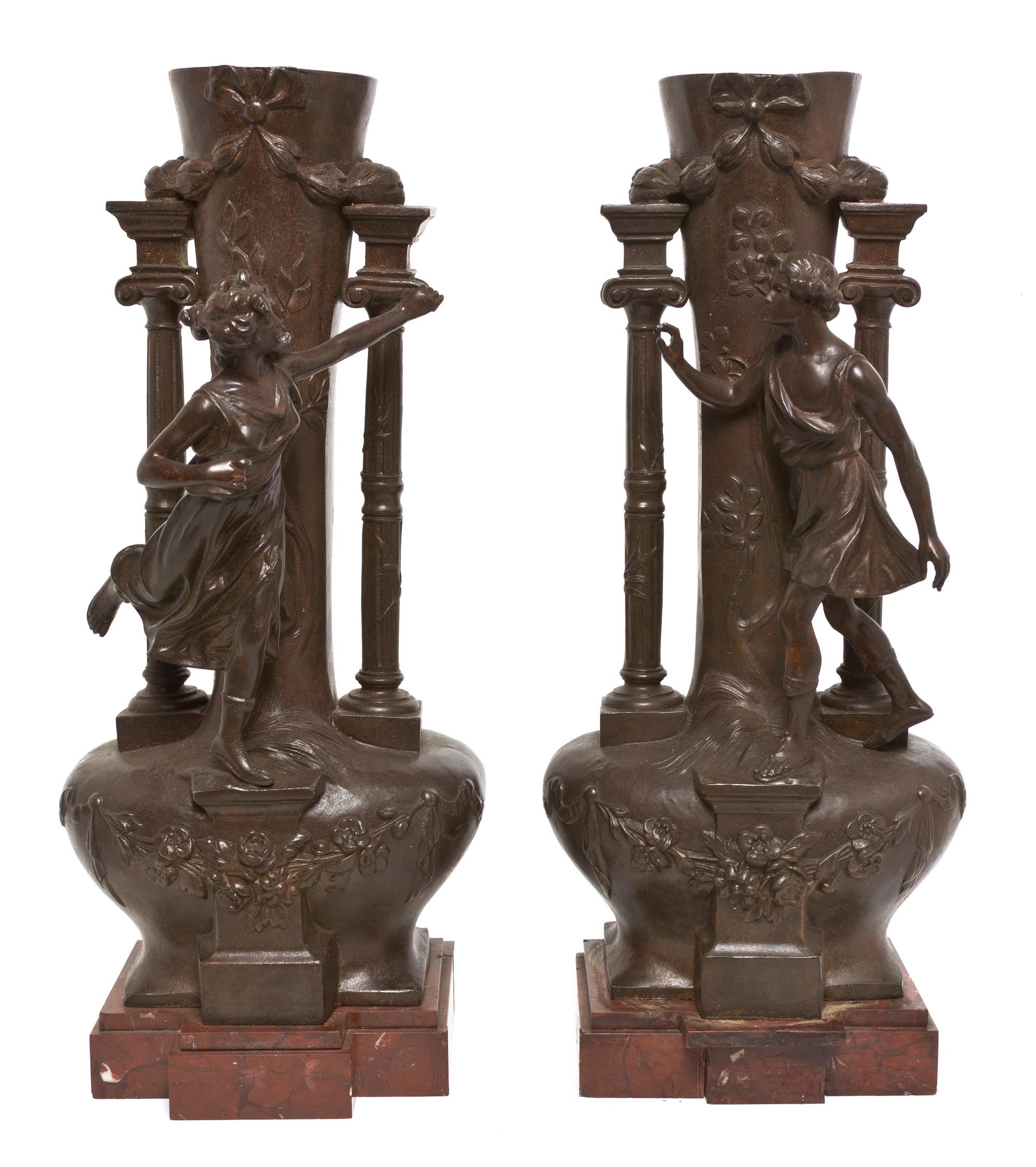 A Pair of French Cast Metal Figural Vases, Height 18 1/2 inches.