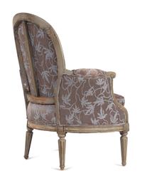 A Pair of Louis XVI Gray-Painted Bergères and a Gilt Iron Foot Stool