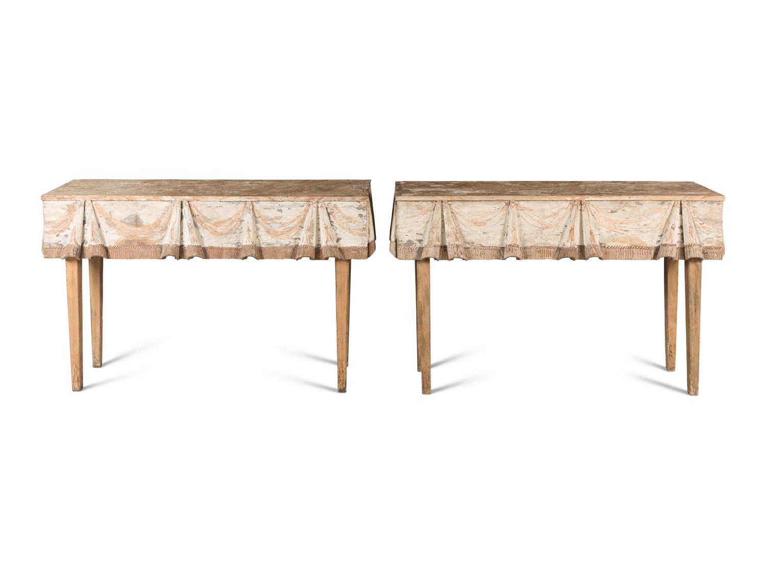 A Pair of Continental Trompe l'Oeil-Carved and Painted Console Tables