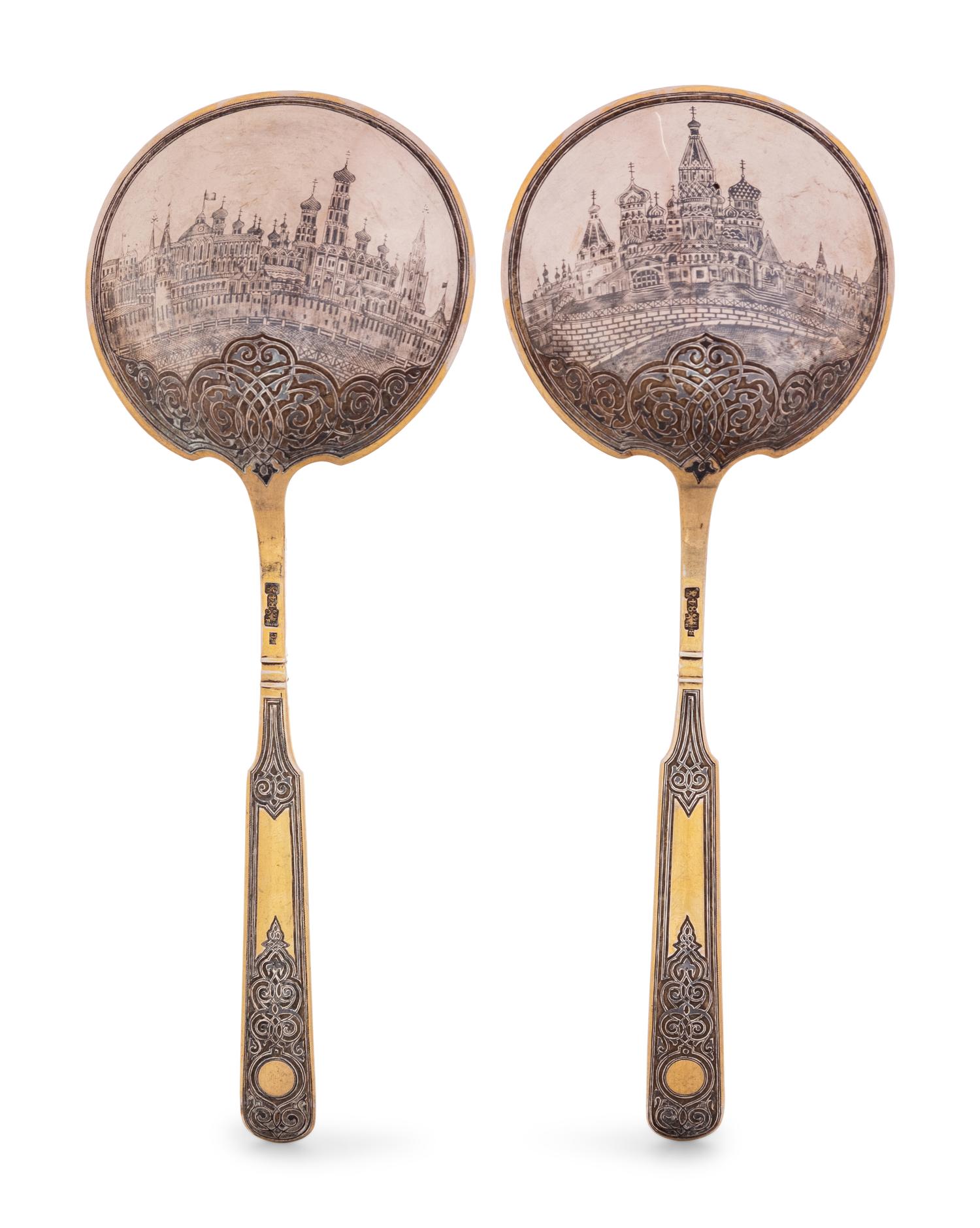 A Pair of Russian Niello Silver-Gilt Serving Spoons