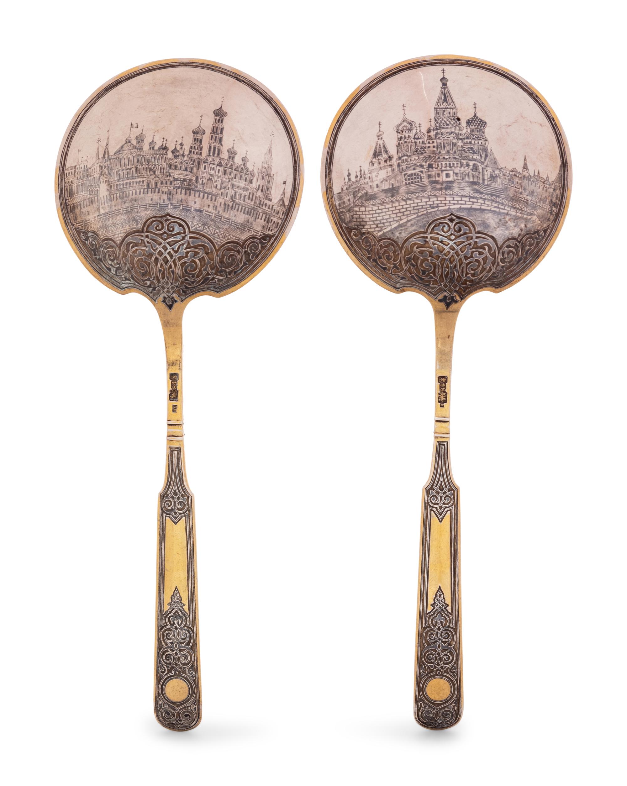A Pair of Russian Niello Silver-Gilt Serving Spoons