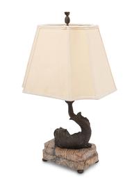 A Bronze and Marble Dolphin-Form Table Lamp