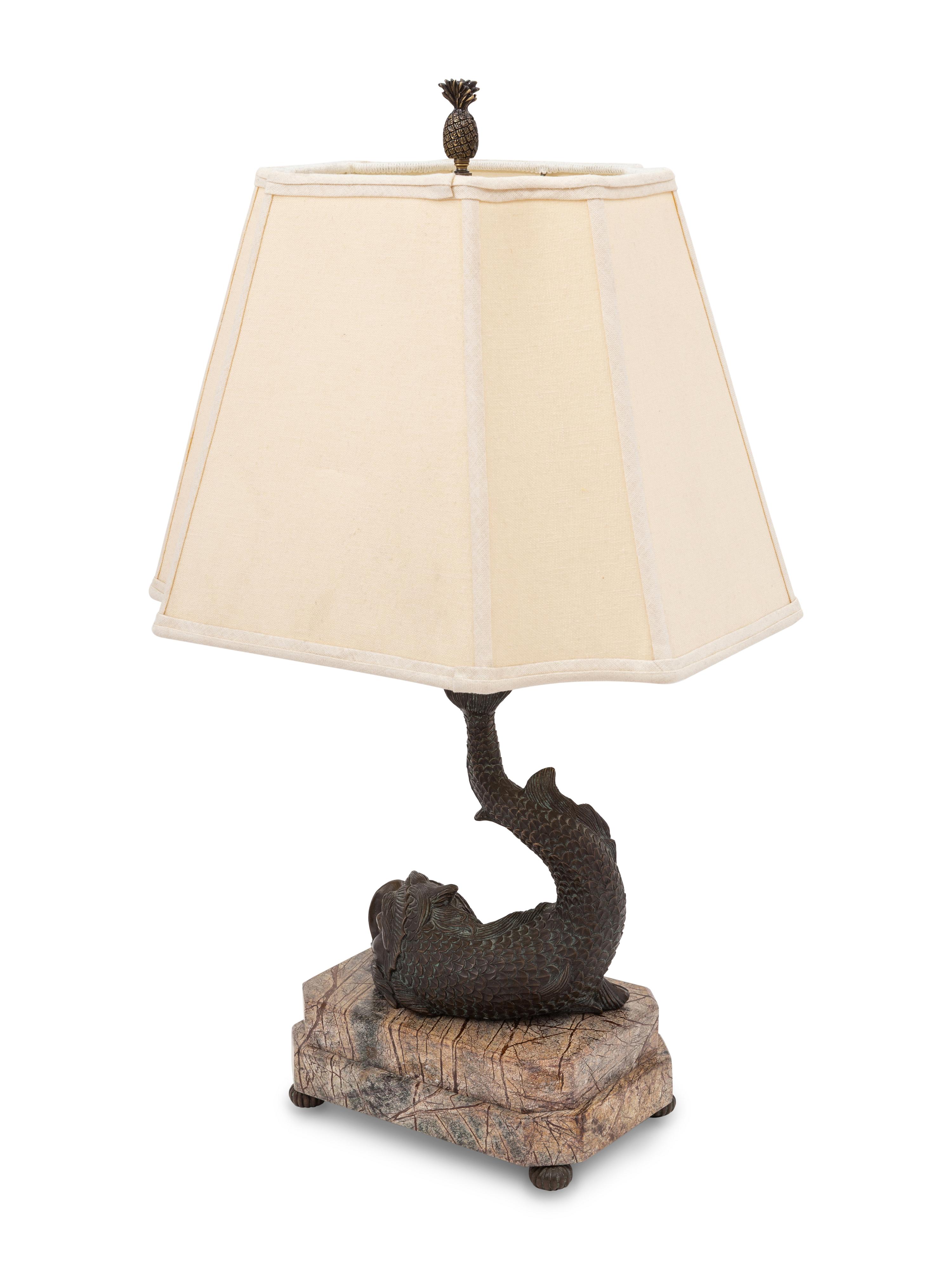 A Bronze and Marble Dolphin-Form Table Lamp