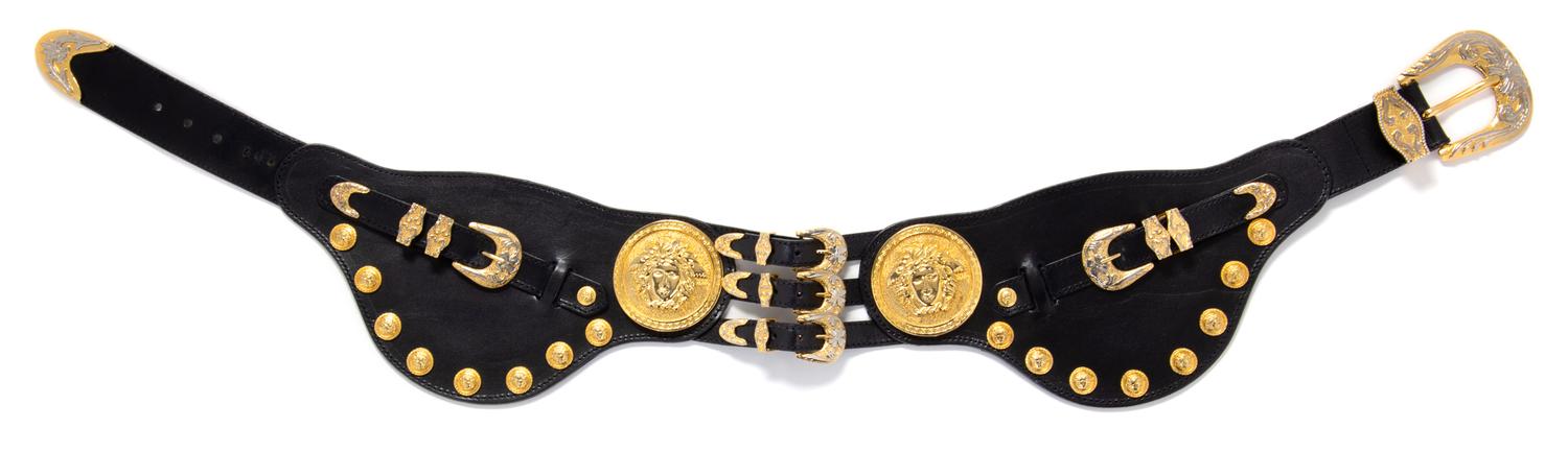 A Gianni Versace Black Leather Medallion Wide Belt, Size 75.