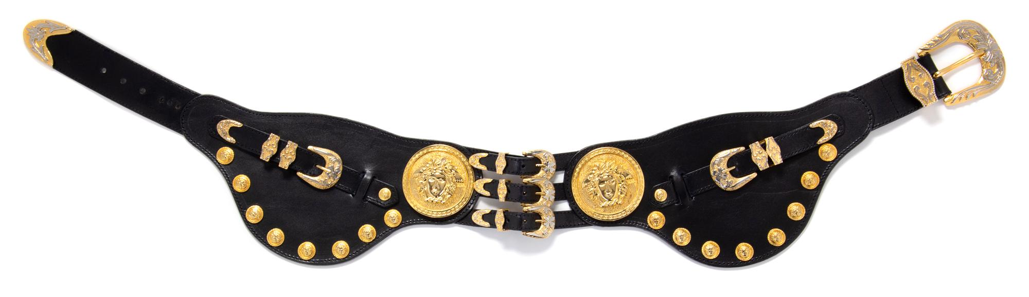 A Gianni Versace Black Leather Medallion Wide Belt, Size 75.