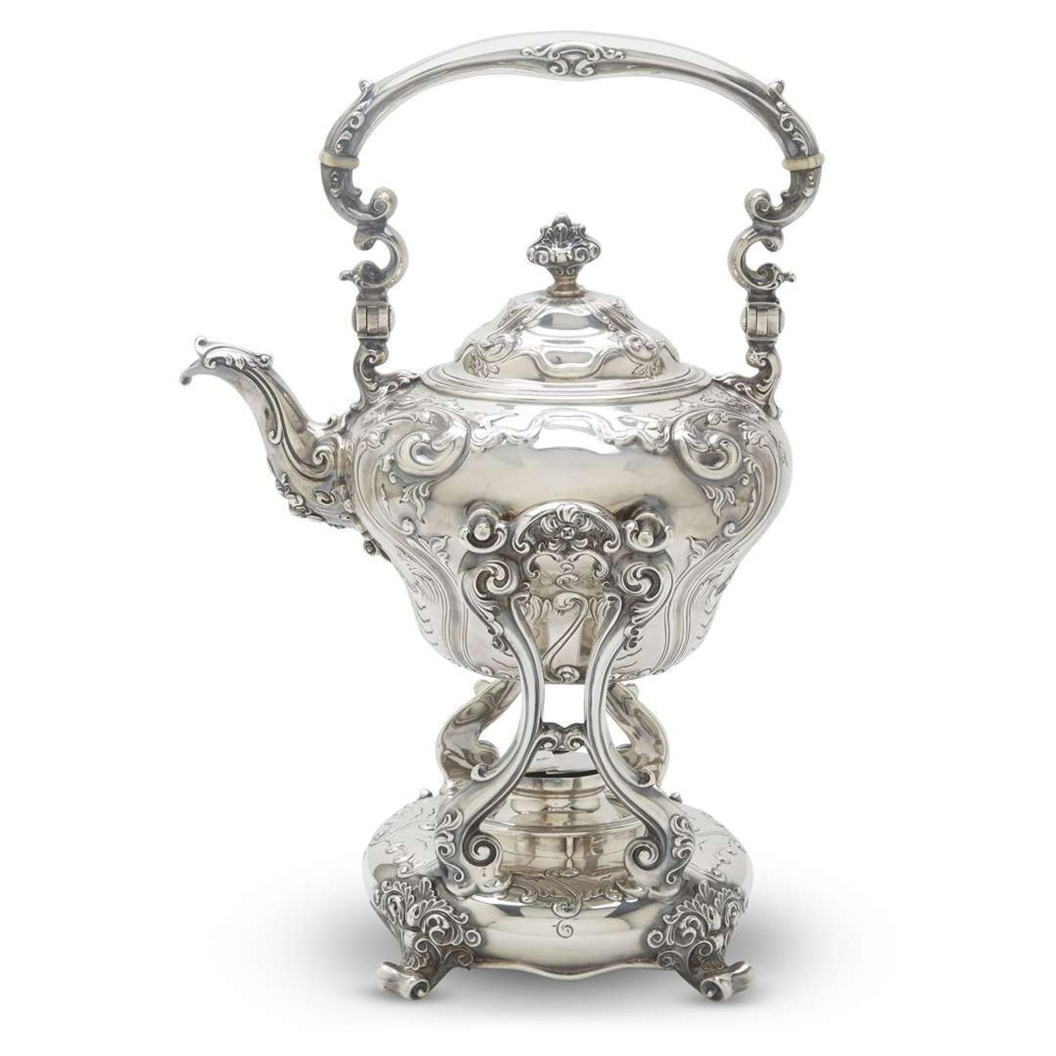 Sterling silver hot water kettle-on-stand J.E. Caldwell & Co., Philadelphia, PA, early 20th century