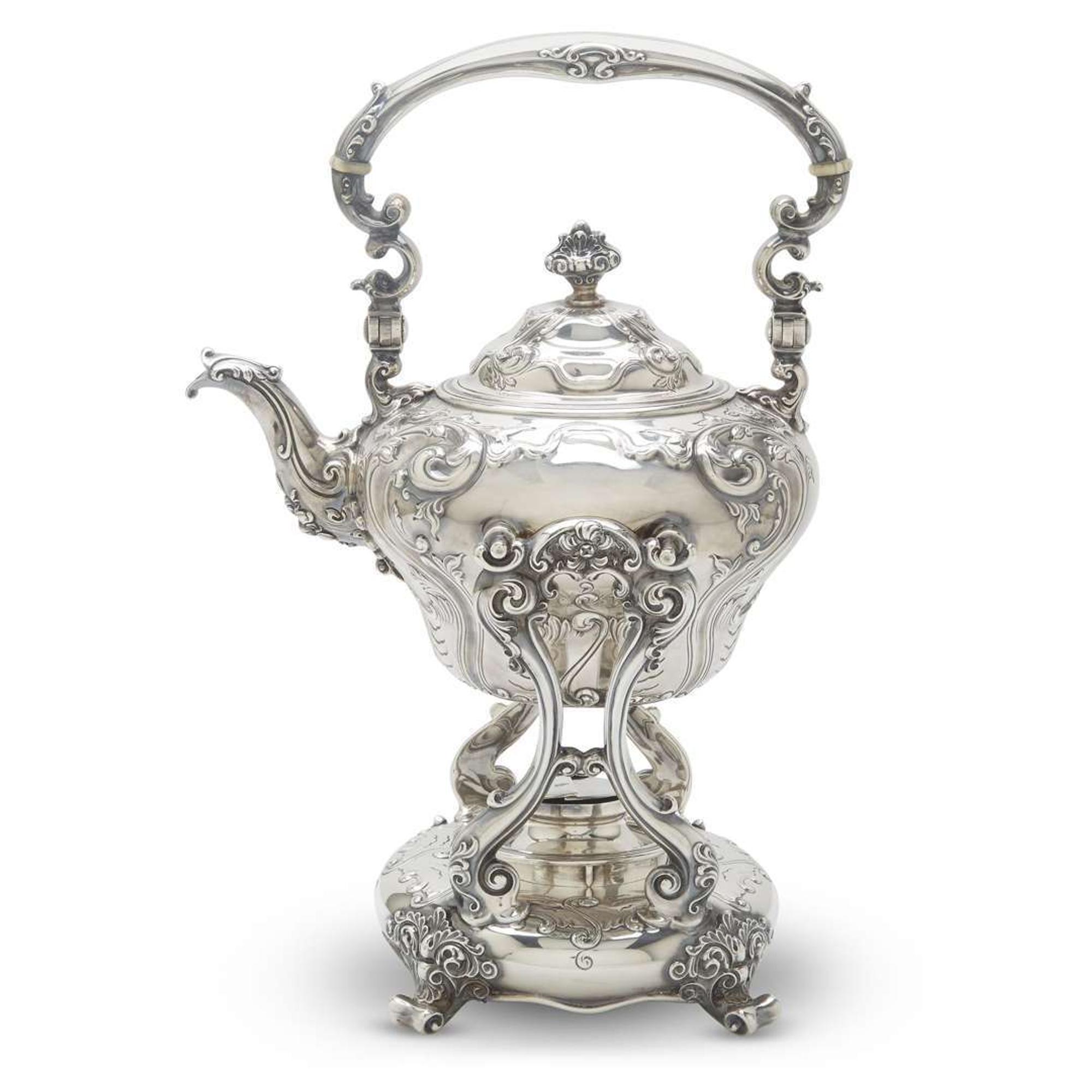 Sterling silver hot water kettle-on-stand J.E. Caldwell & Co., Philadelphia, PA, early 20th century