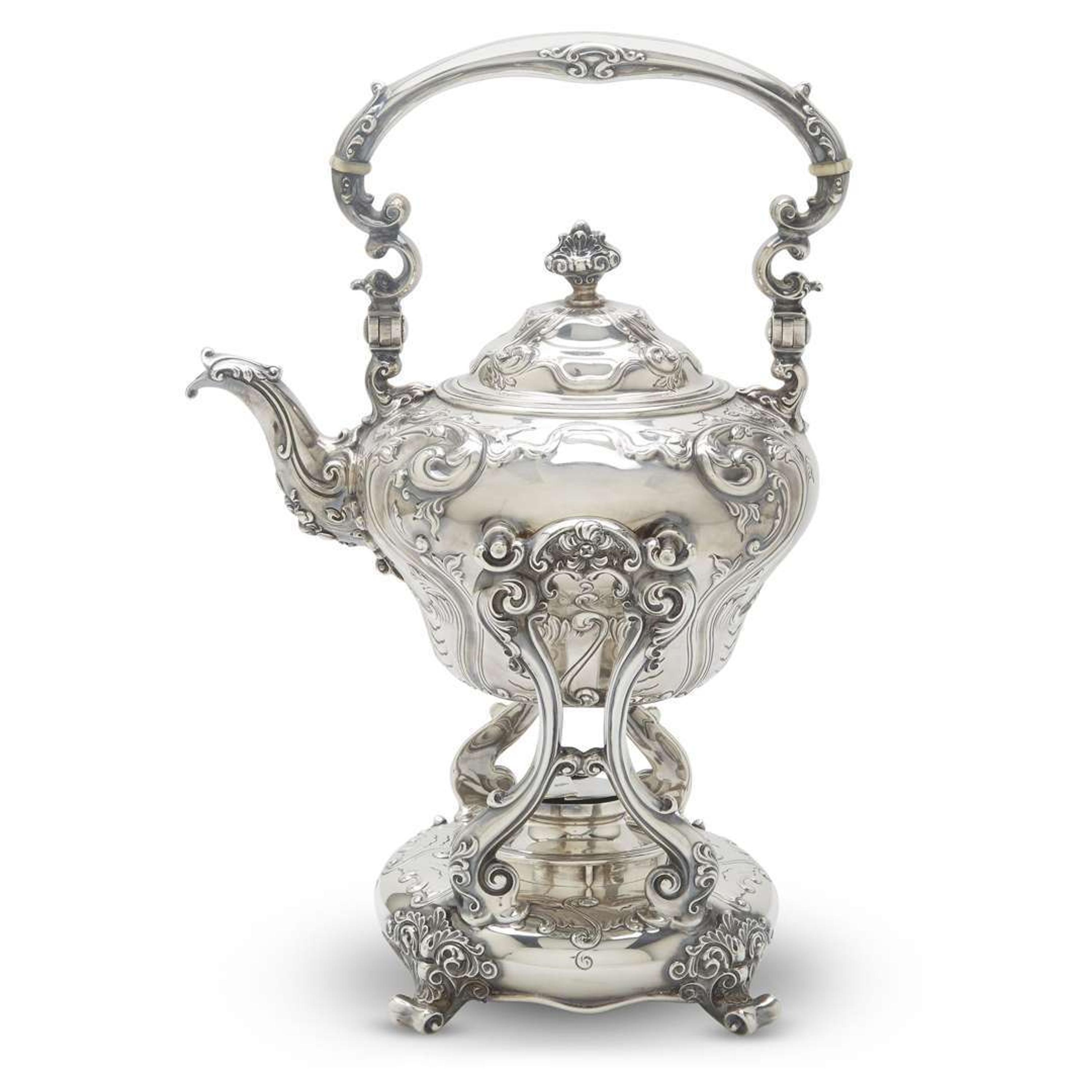 Sterling silver hot water kettle-on-stand J.E. Caldwell & Co., Philadelphia, PA, early 20th century
