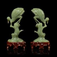 A Pair of Chinese Serpentine Figures of Cranes, 20th Century — 近代 青玉瑞鶴一對