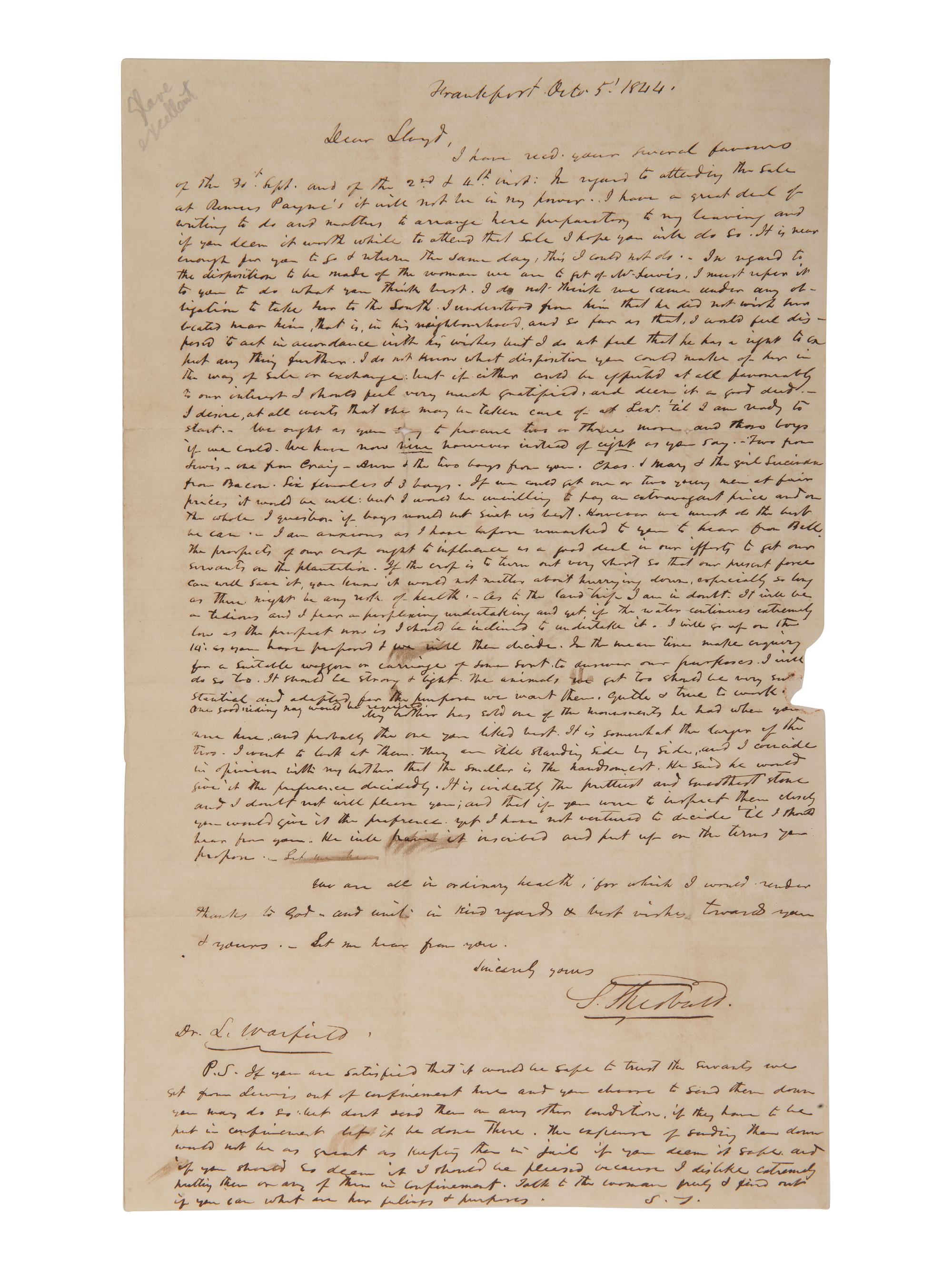 [ENSLAVEMENT] Letter detailing plans to convey slaves to a southern plantation. Frankfort, KY, 1844.