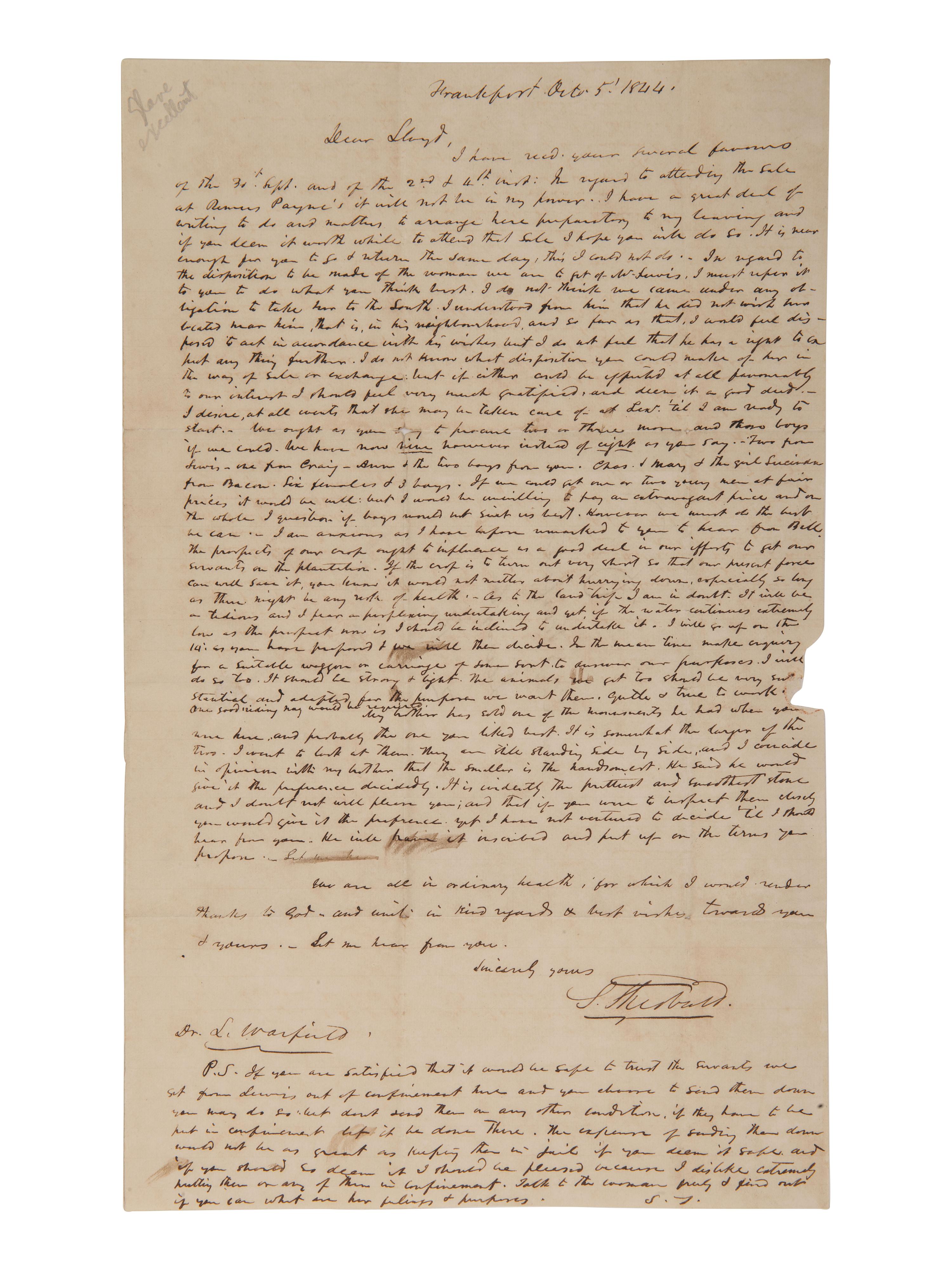 [ENSLAVEMENT] Letter detailing plans to convey slaves to a southern plantation. Frankfort, KY, 1844.