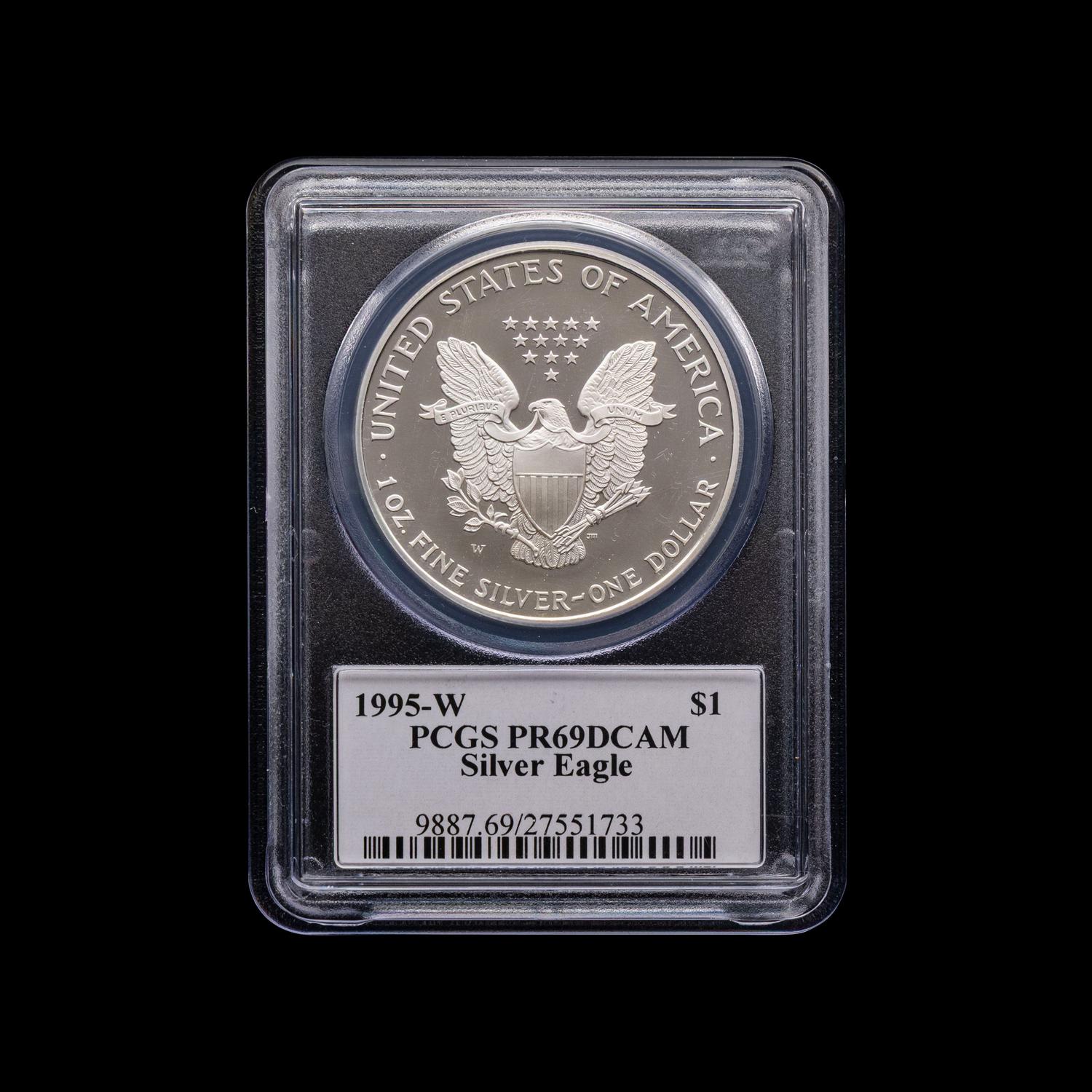 A 1995-W Silver Eagle $1 Proof [PCGS PR69 DCAM; John Mercanti Signed Label ]