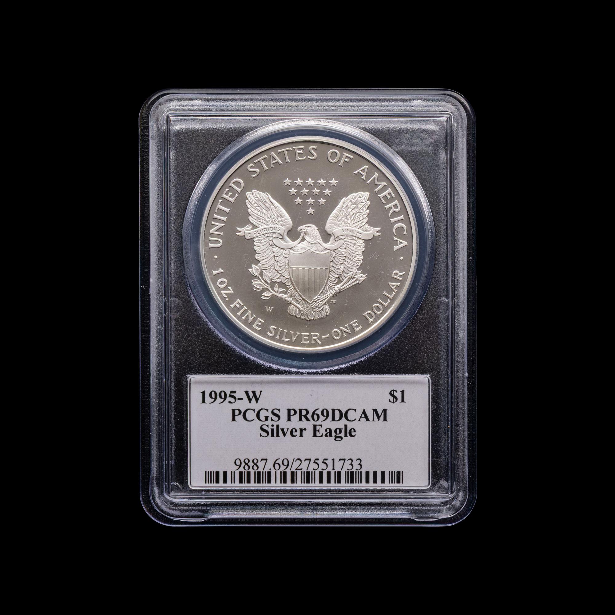 A 1995-W Silver Eagle $1 Proof [PCGS PR69 DCAM; John Mercanti Signed Label ]