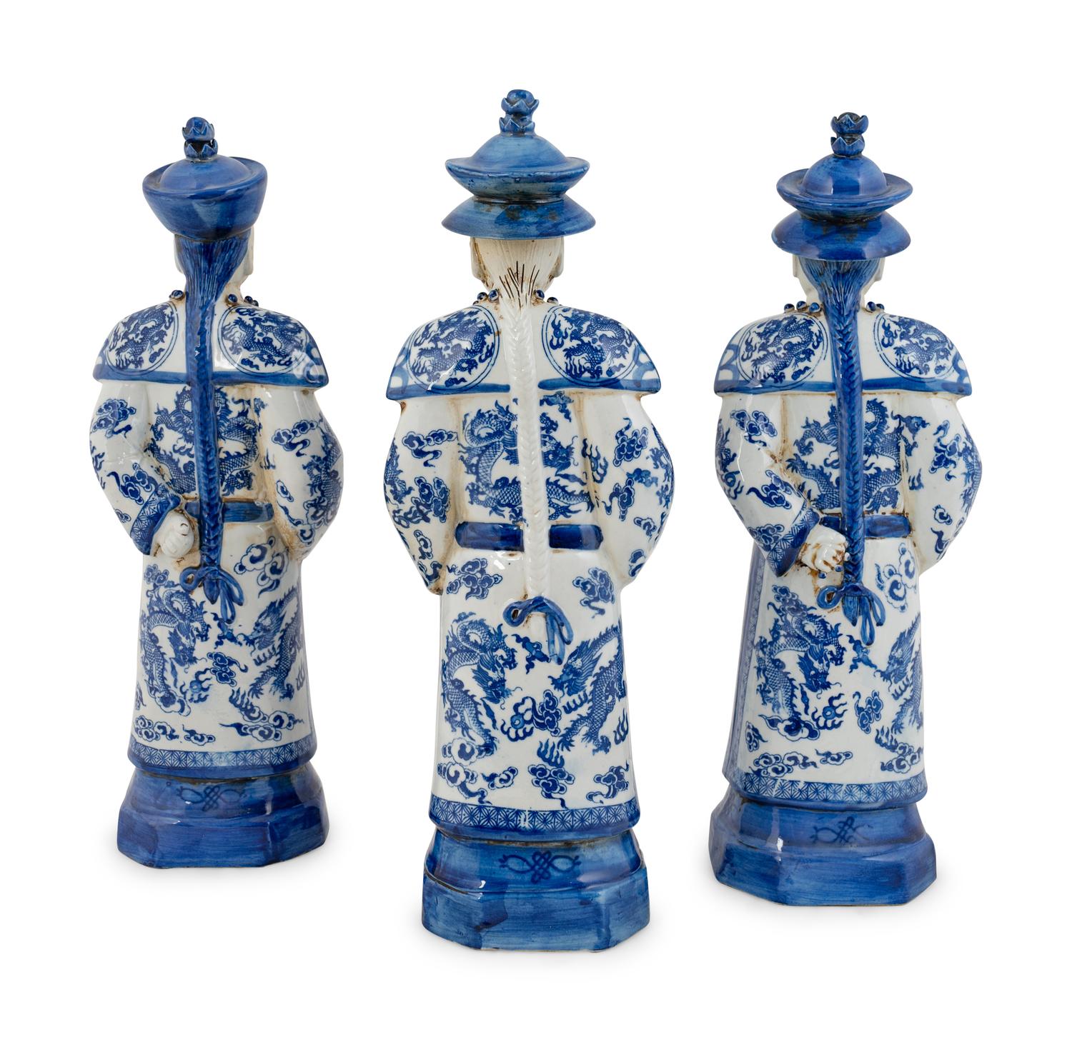A Group of Three Chinese Blue and White Porcelain Figures of Officials — 20TH CENTURY