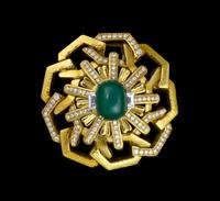 An 18 Karat Yellow Gold, Diamond and Dyed Chalcedony Brooch, David Webb, 51.40 dwts.
