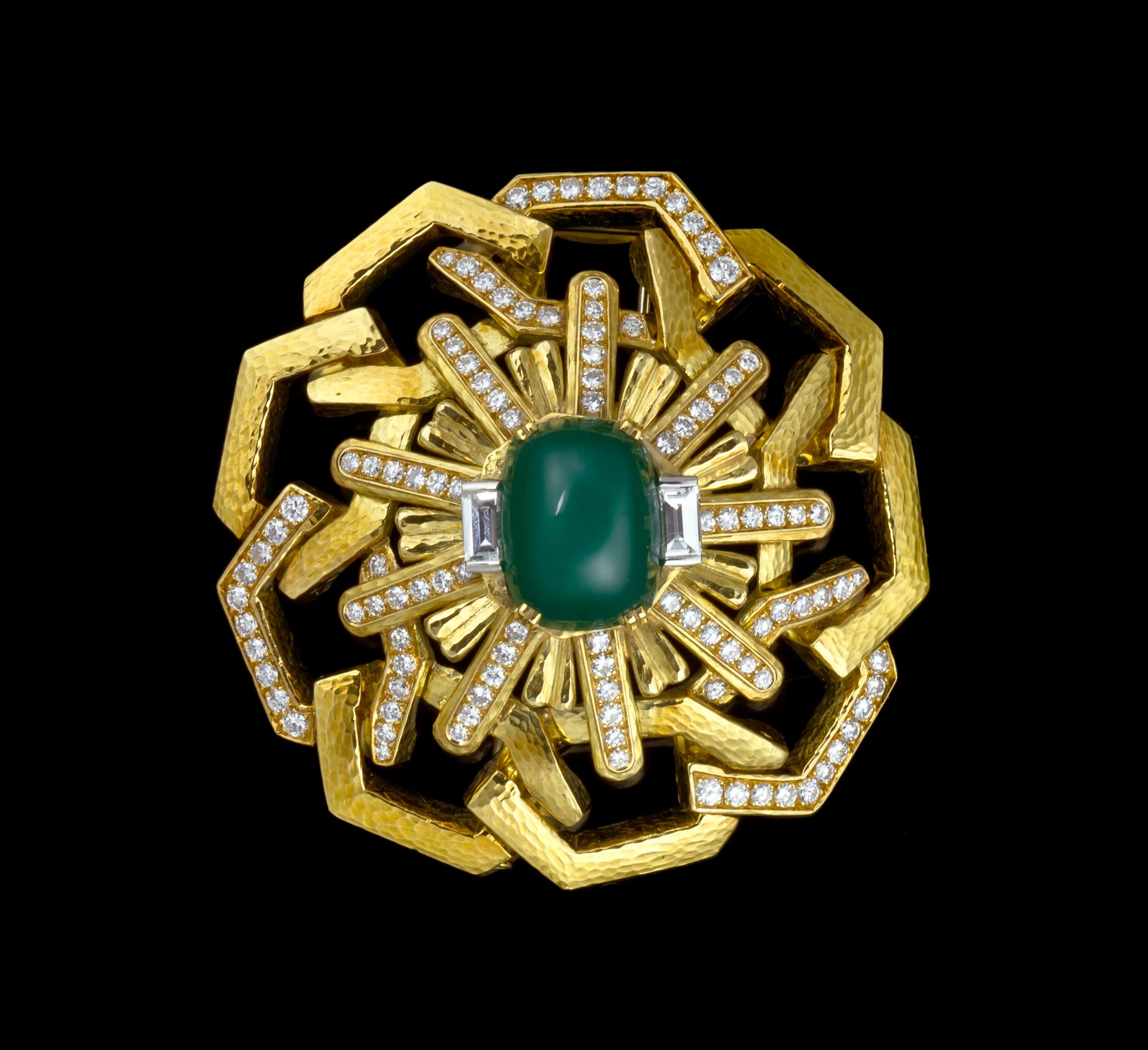 An 18 Karat Yellow Gold, Diamond and Dyed Chalcedony Brooch, David Webb, 51.40 dwts.