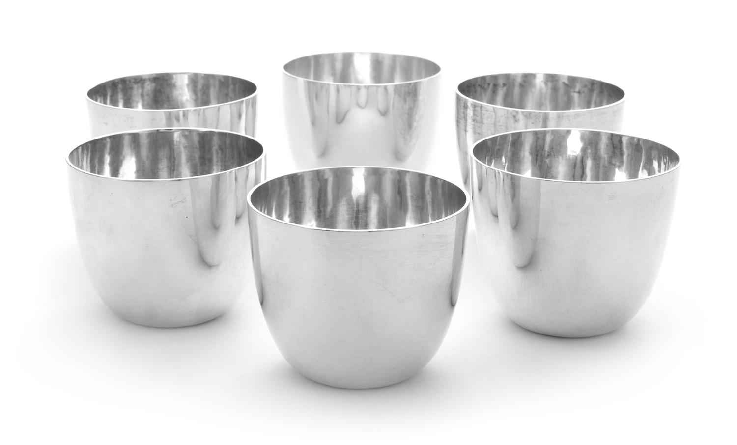 A Set of Six American Silver Cups, Crichton & Co. Ltd., New York, NY, each having a spot-hammered finish.