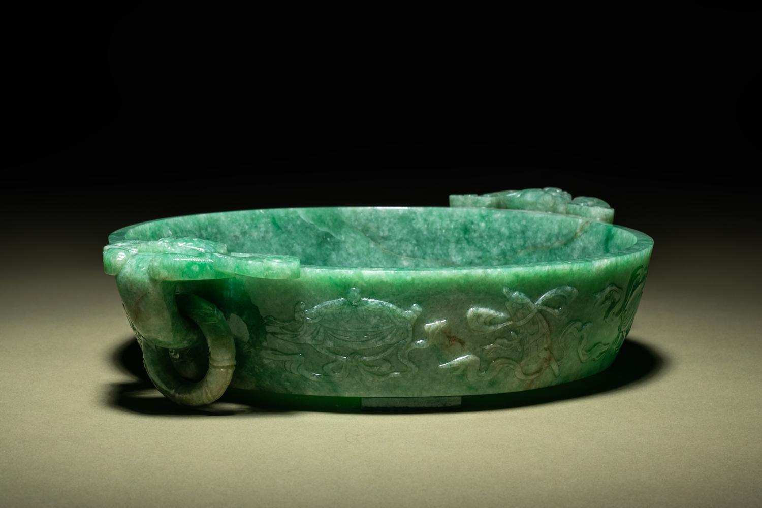 A Mottled Green Jadeite Marriage Bowl
