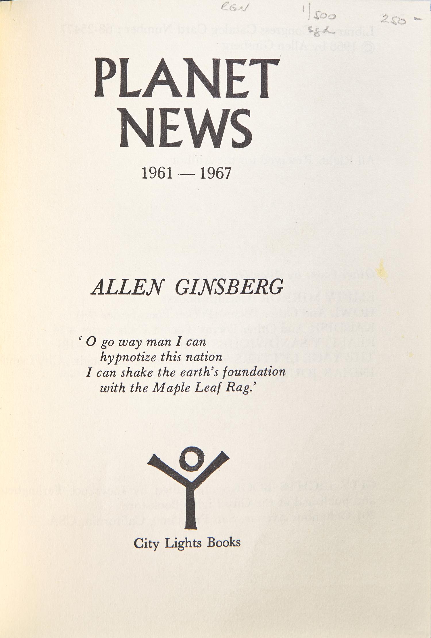 GINSBERG, Allen (1926-1997). Planet News 1961-1967. San Francisco: City Lights Books, [1968].