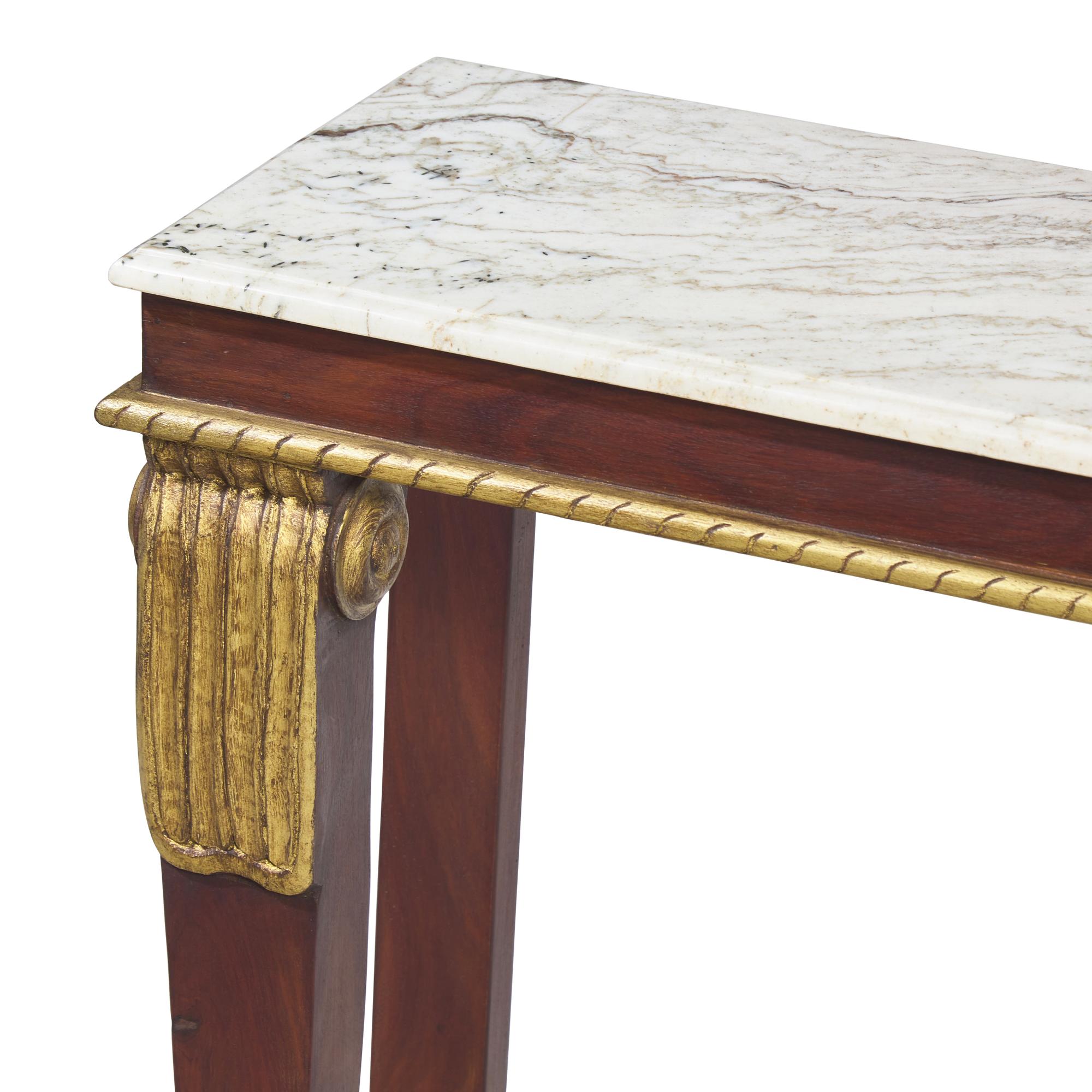 An English Mahogany, Parcel-Gilt and Marble-Top Console Table