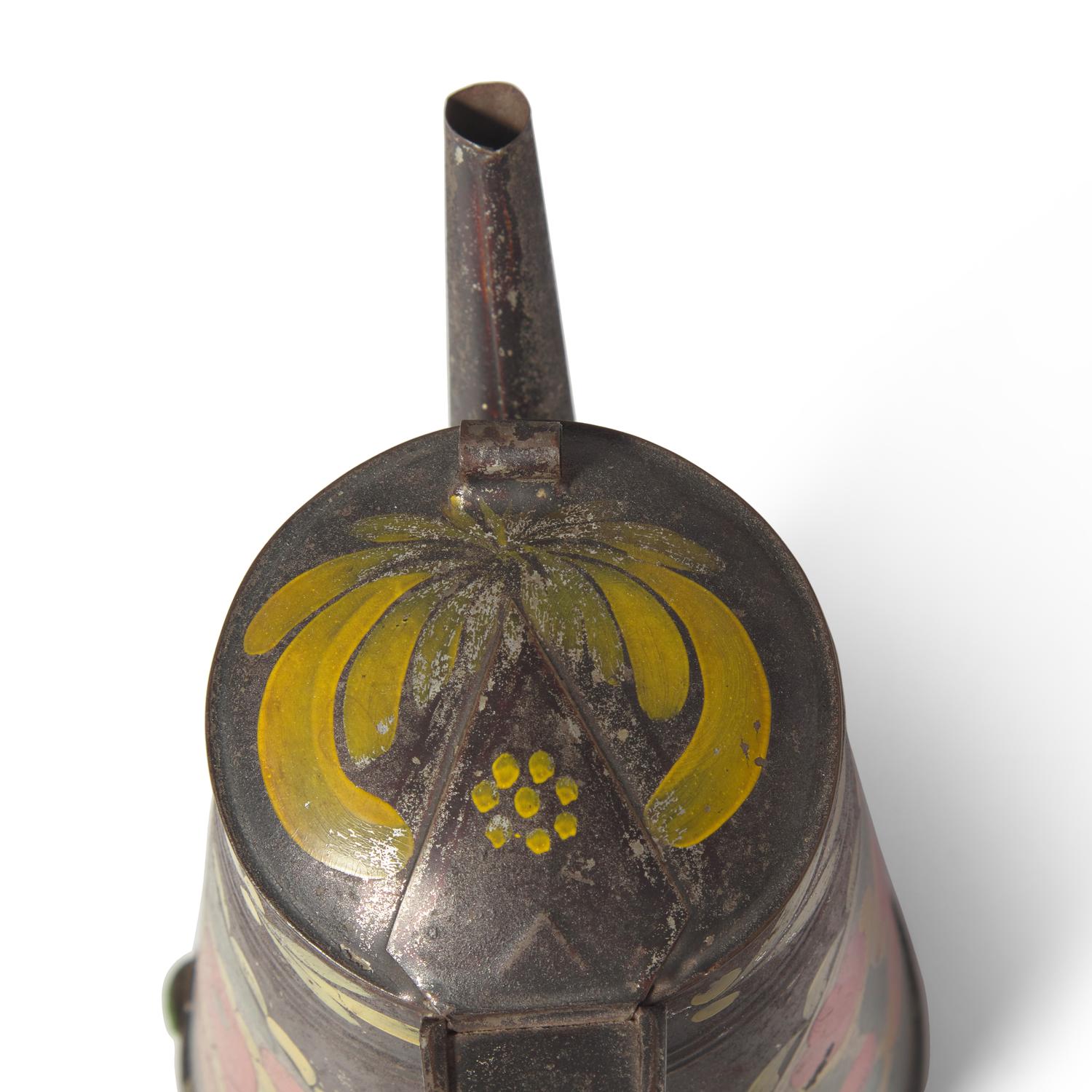 A Painted Tin Asphaltum Coffeepot And Covered Box