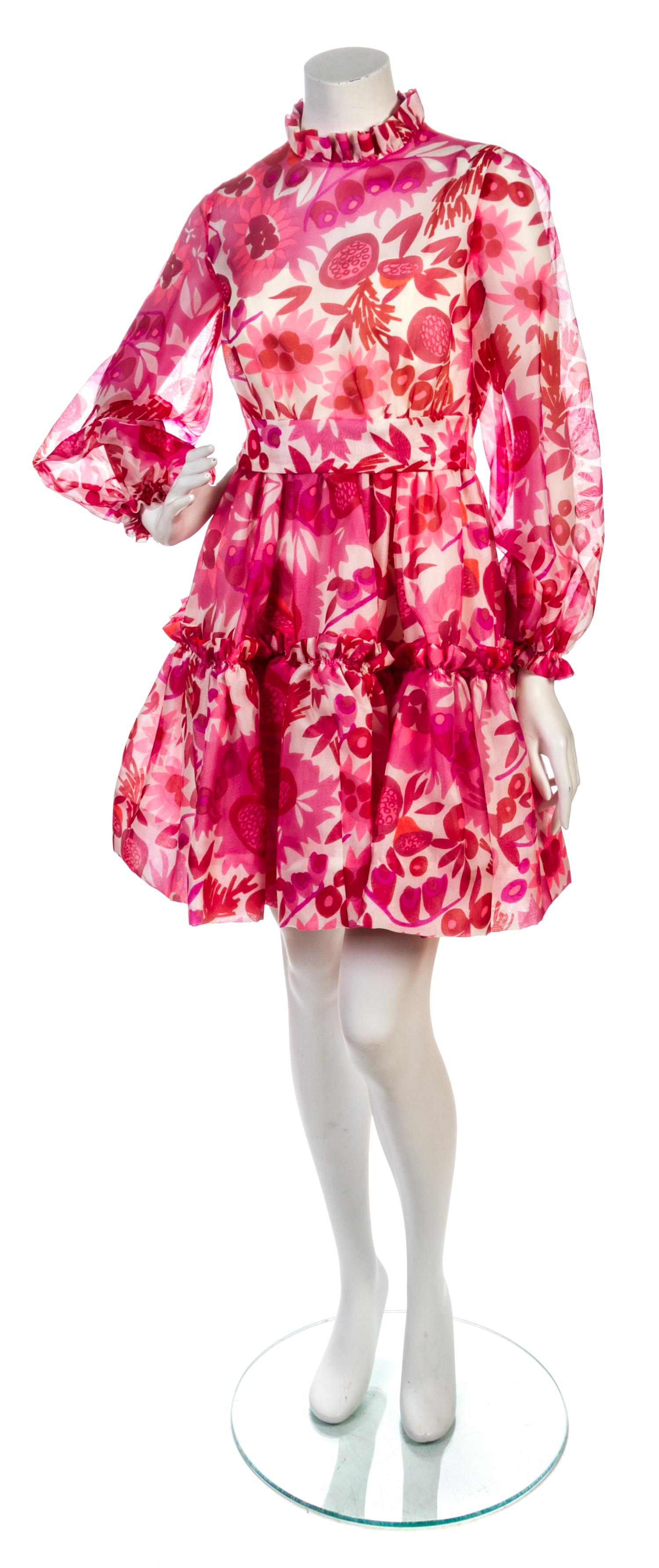 A Mollie Parnis Red and Pink Floral Print Chiffon Dress,