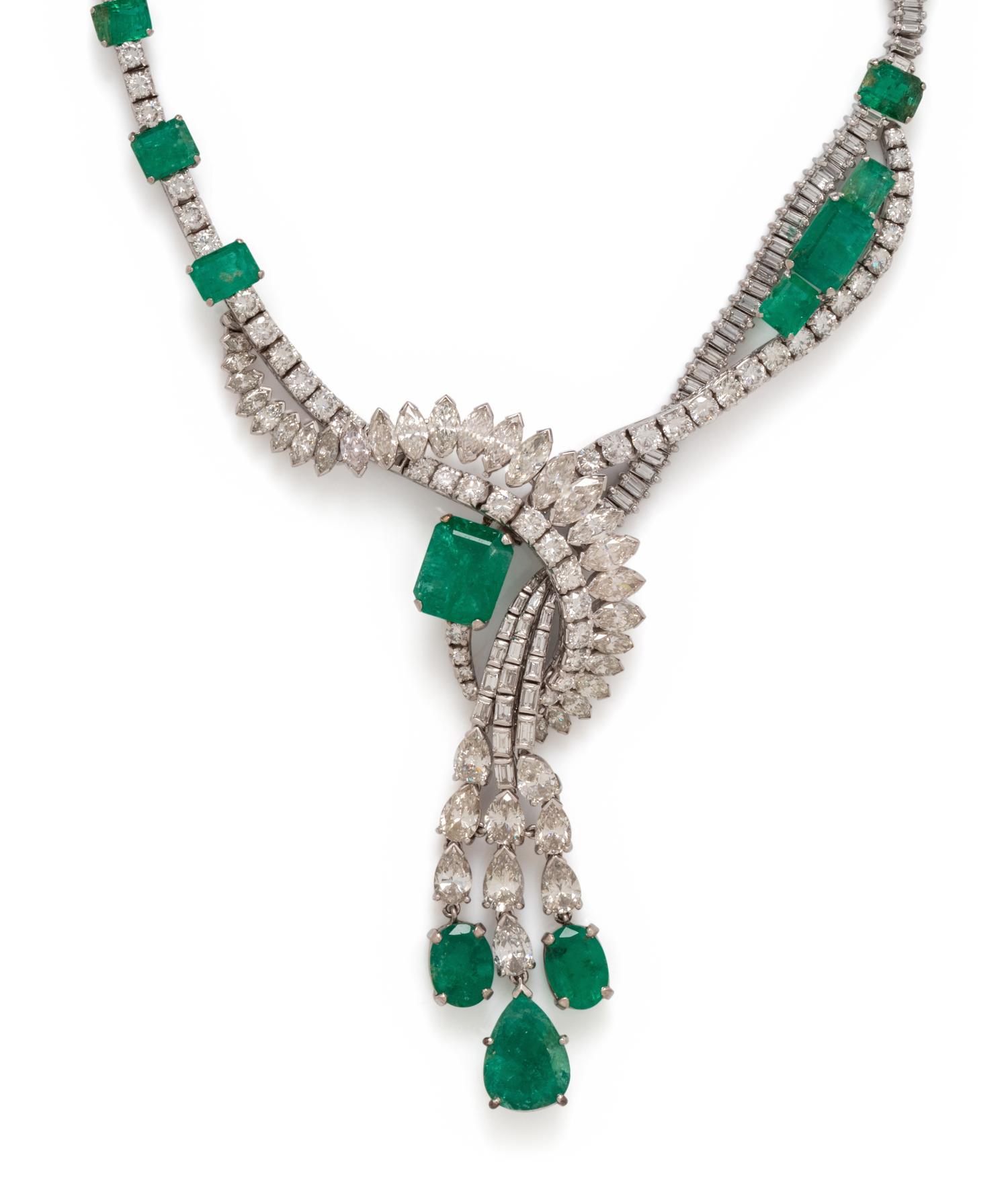 PLATINUM, EMERALD AND DIAMOND NECKLACE