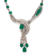PLATINUM, EMERALD AND DIAMOND NECKLACE