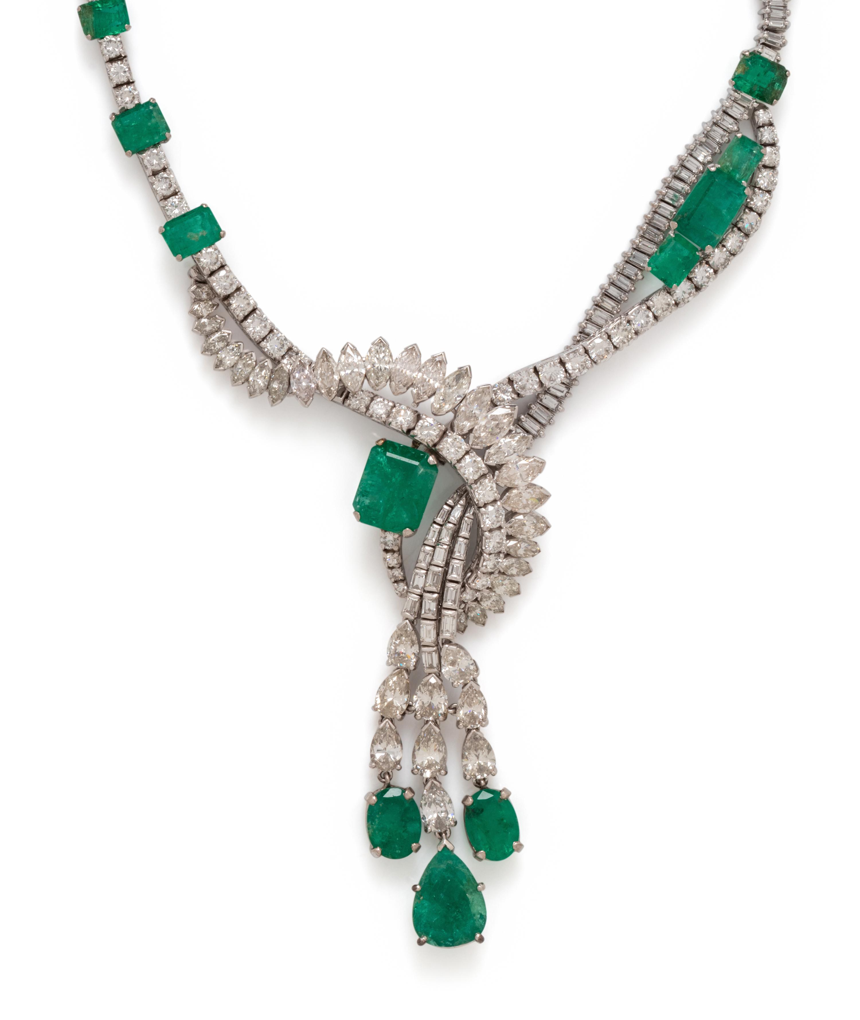 PLATINUM, EMERALD AND DIAMOND NECKLACE