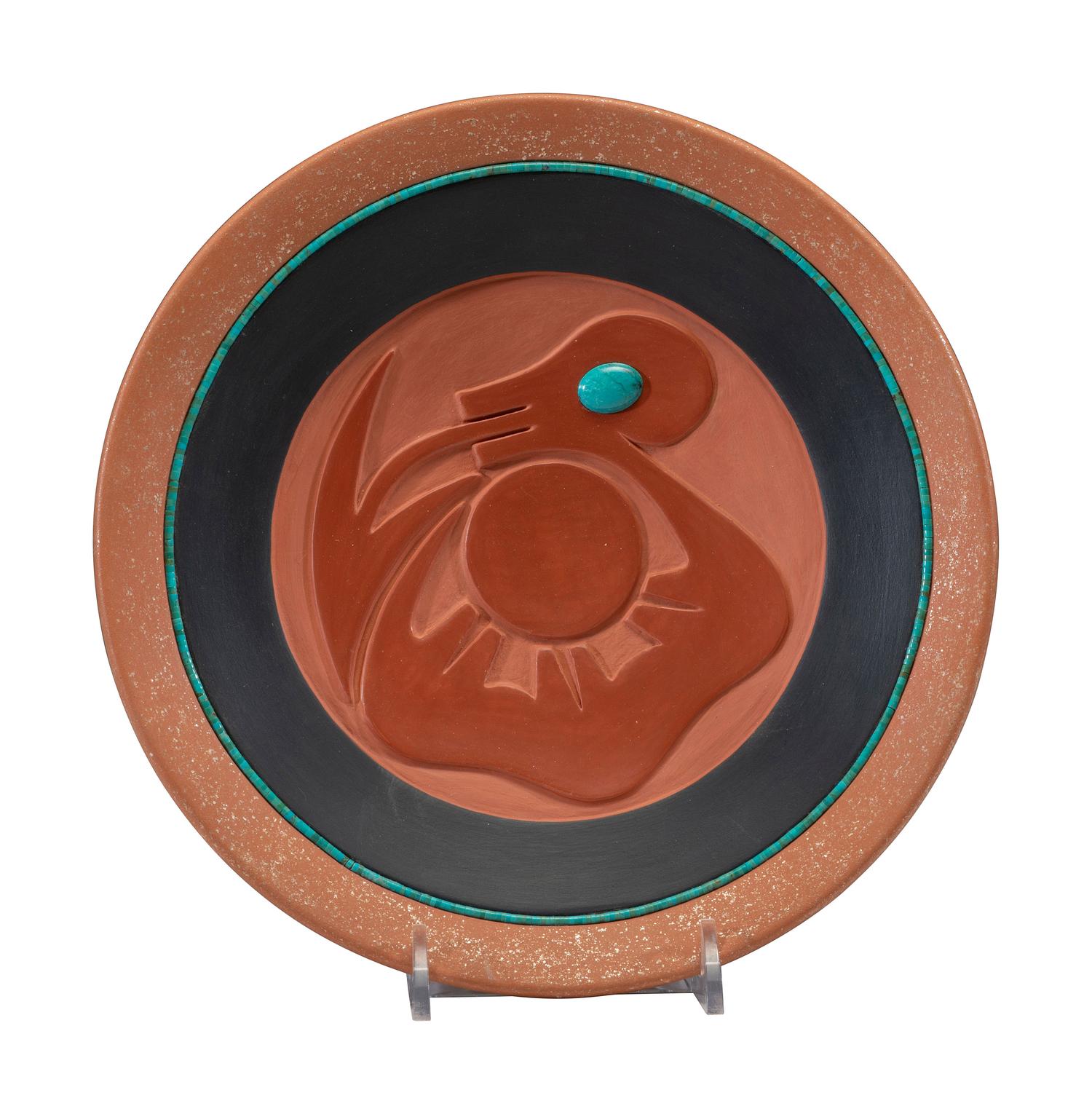 Red and Black Pottery Plate, with Turquoise