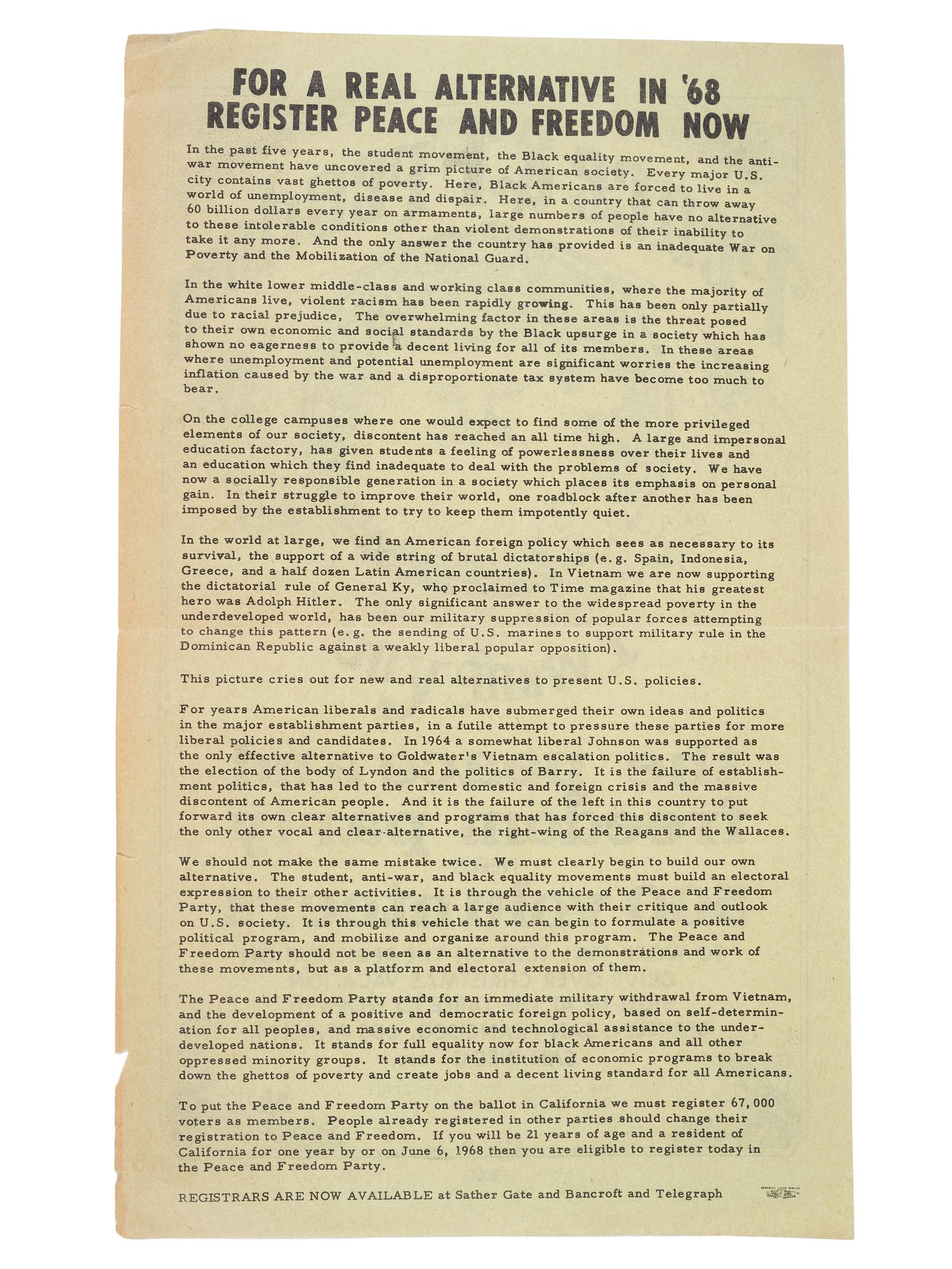 [CIVIL RIGHTS]. The peace and freedom party needs 500 volunteers to work full time on the registration drive over Christmas vacation. Berkeley, CA: Berkeley Litho Service, 1968.
