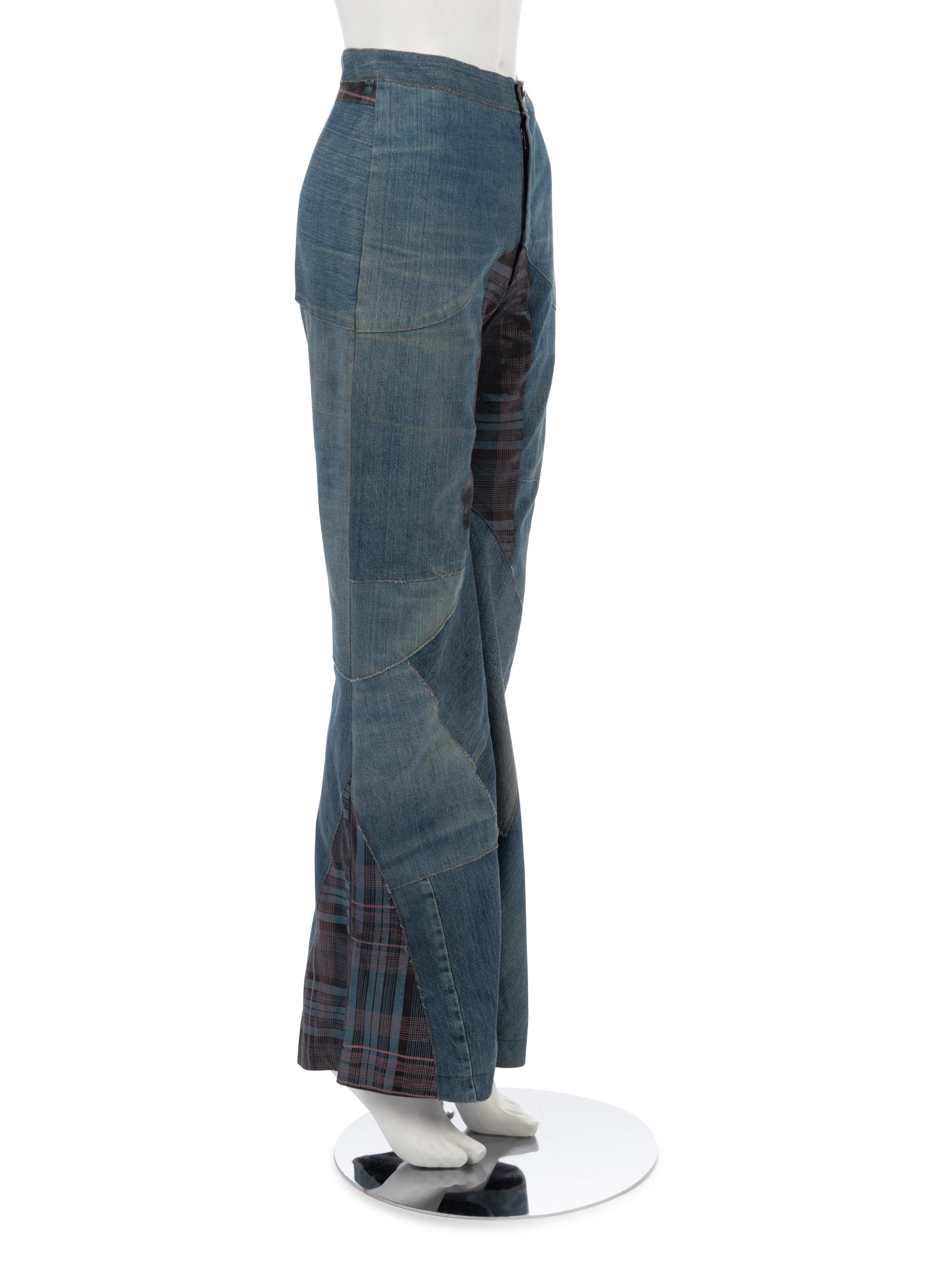 One Saint Laurent Rive Gauche Black Crepe Top and One Pair of Unlabeled Bell Bottom Denim Jeans, 1970s