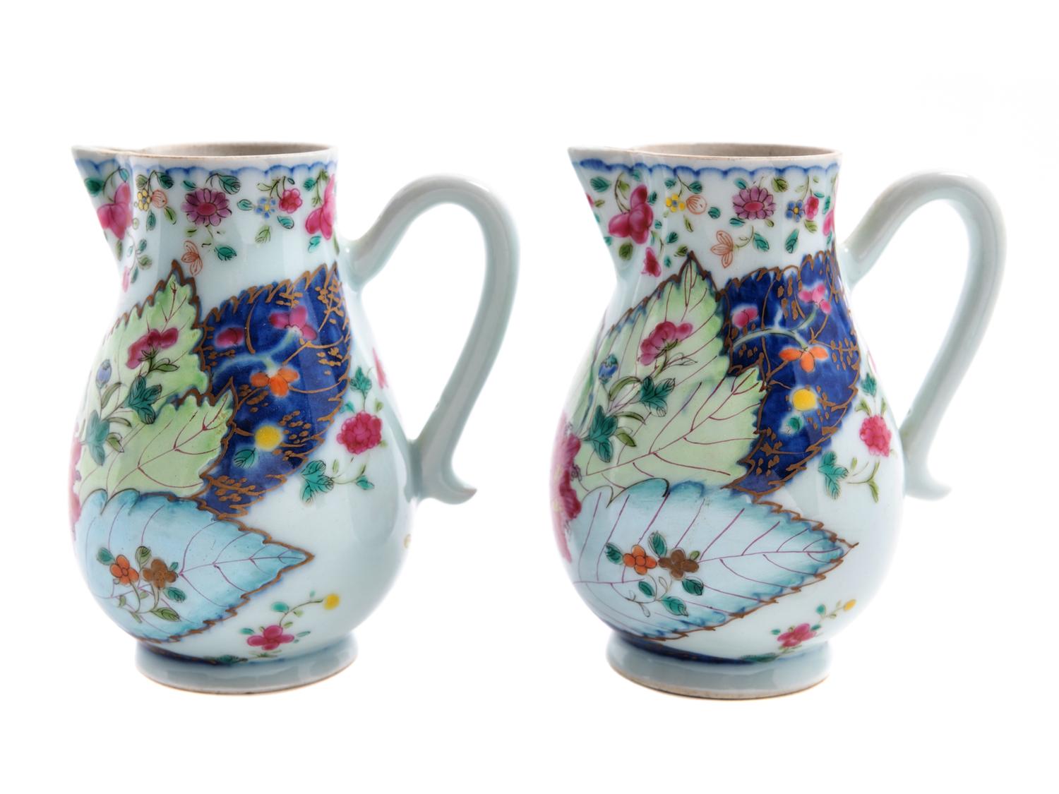 A Pair of Chinese Export Tobacco Leaf Porcelain Jugs