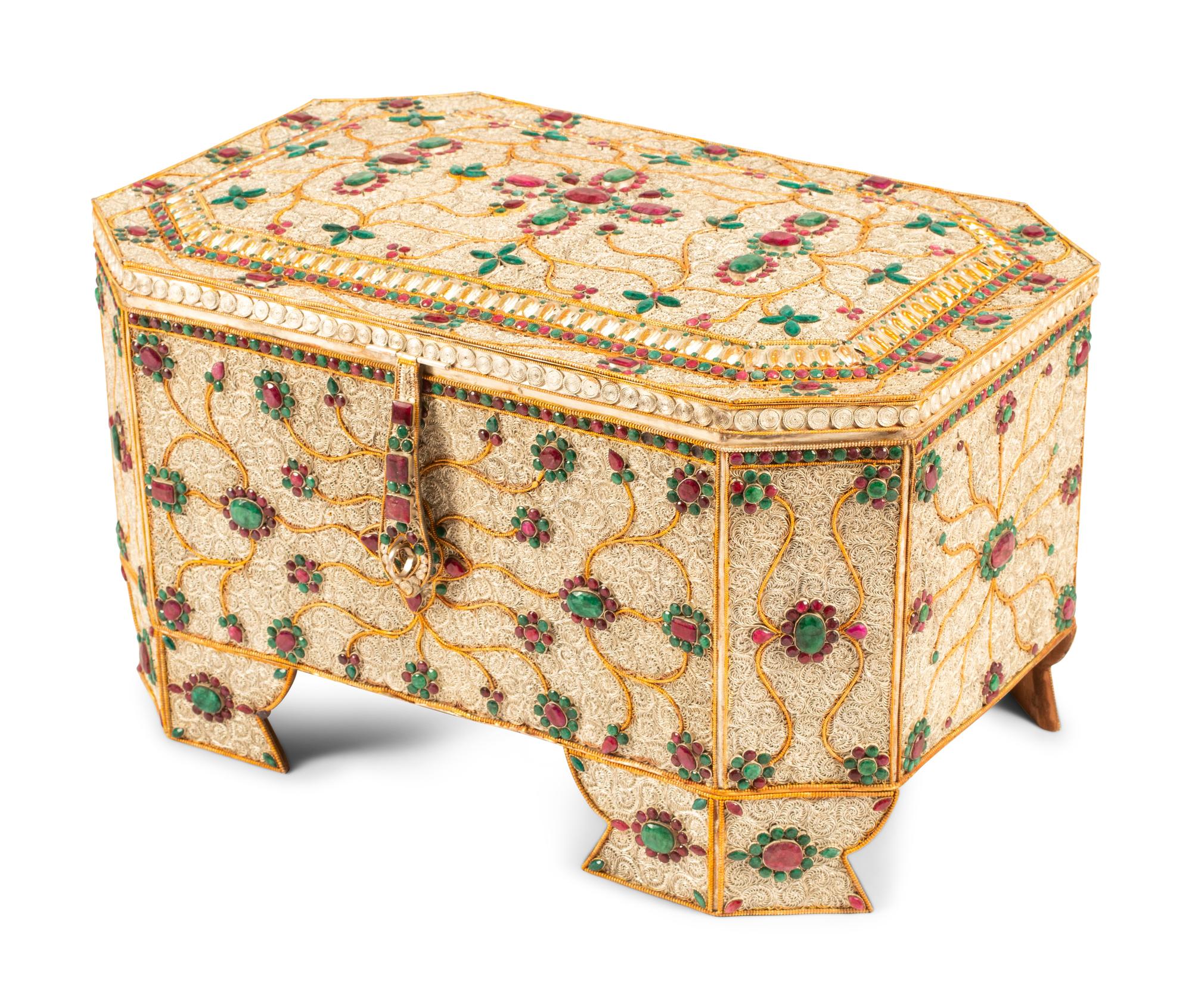 A Mughal Style Ruby, Emerald, Silvered and Gilt Filigree Table Casket