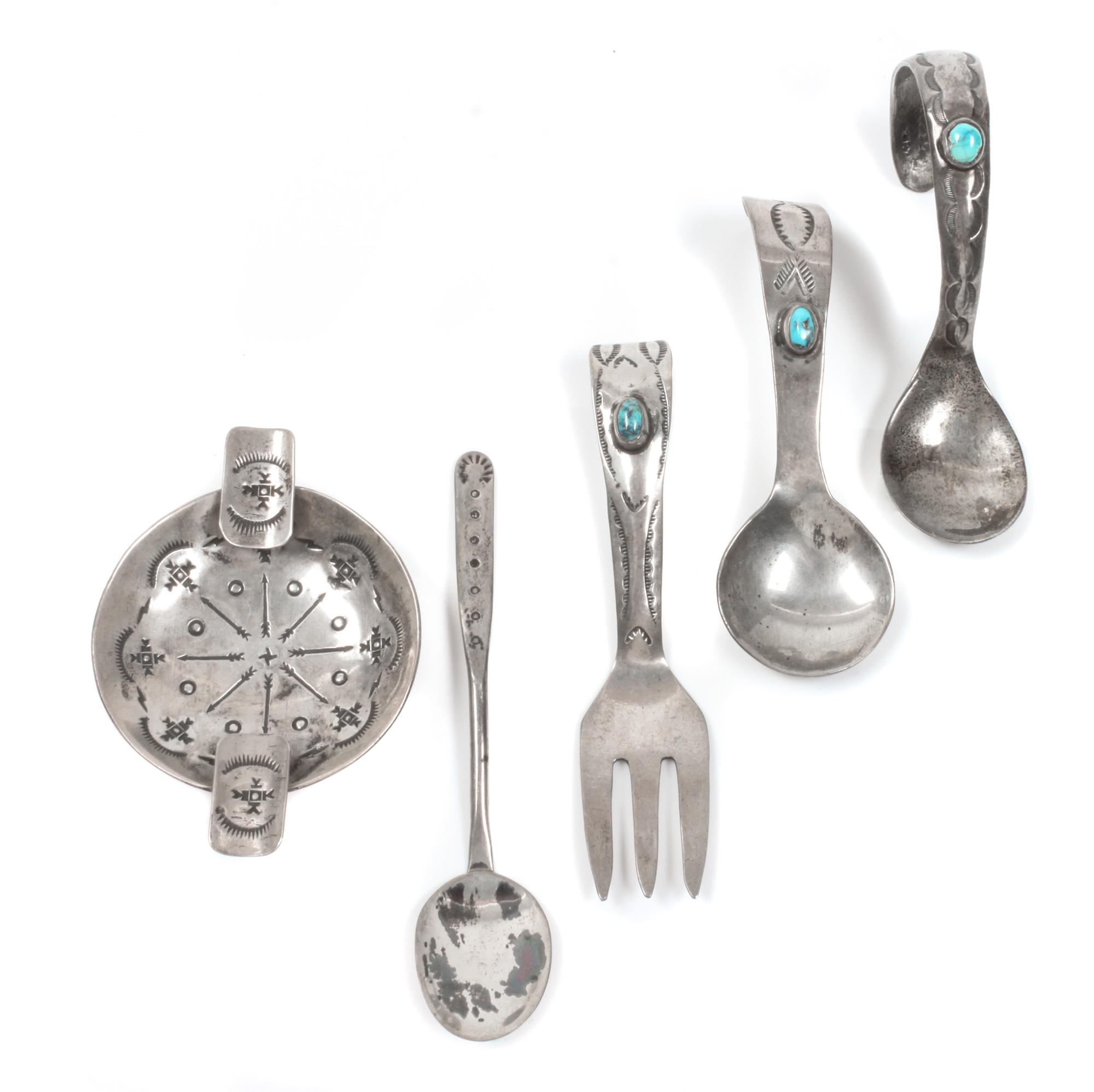 Four Southwestern Silver Baby Utensils Length of fork 3 3/4 inches