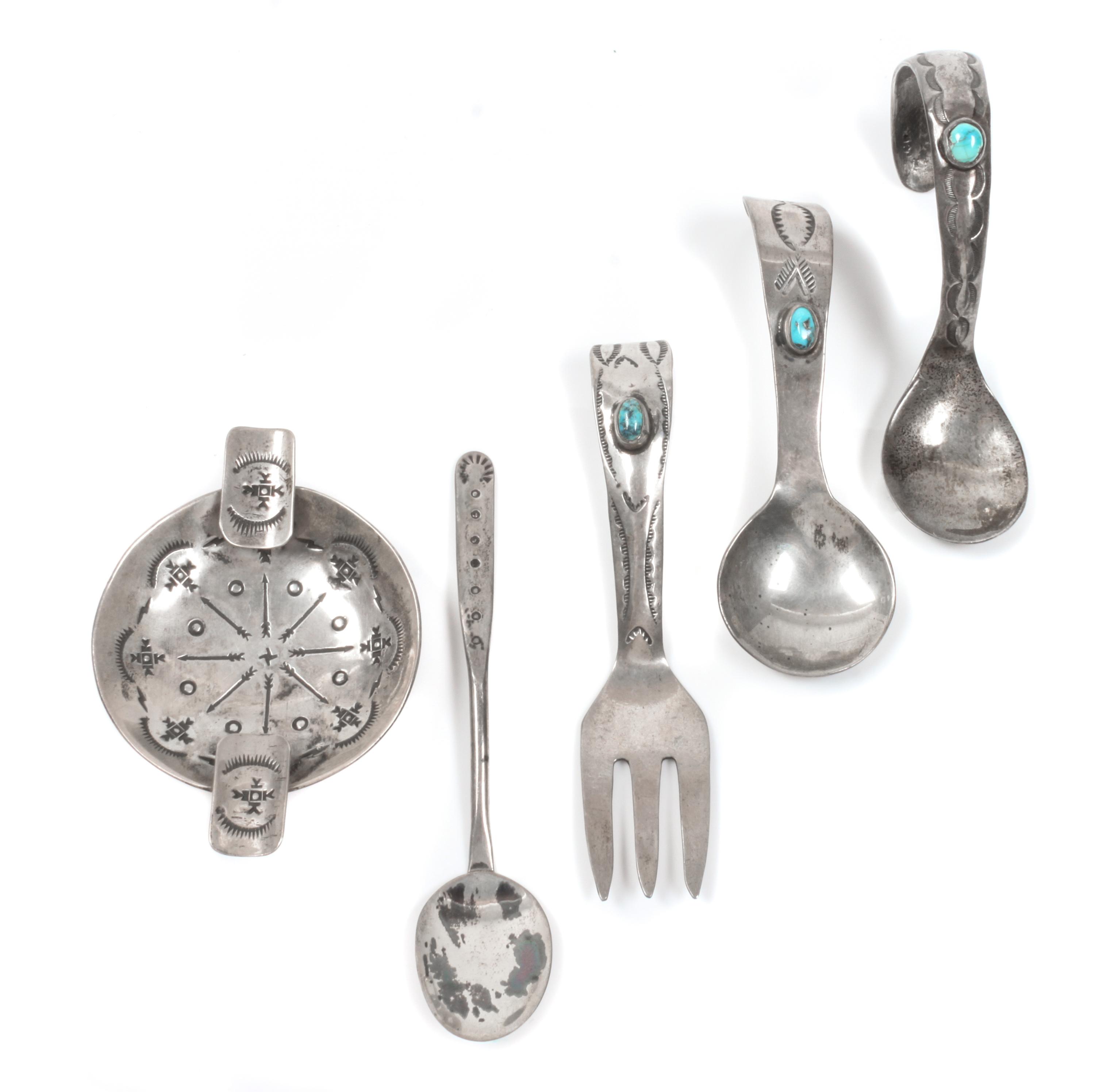 Four Southwestern Silver Baby Utensils Length of fork 3 3/4 inches