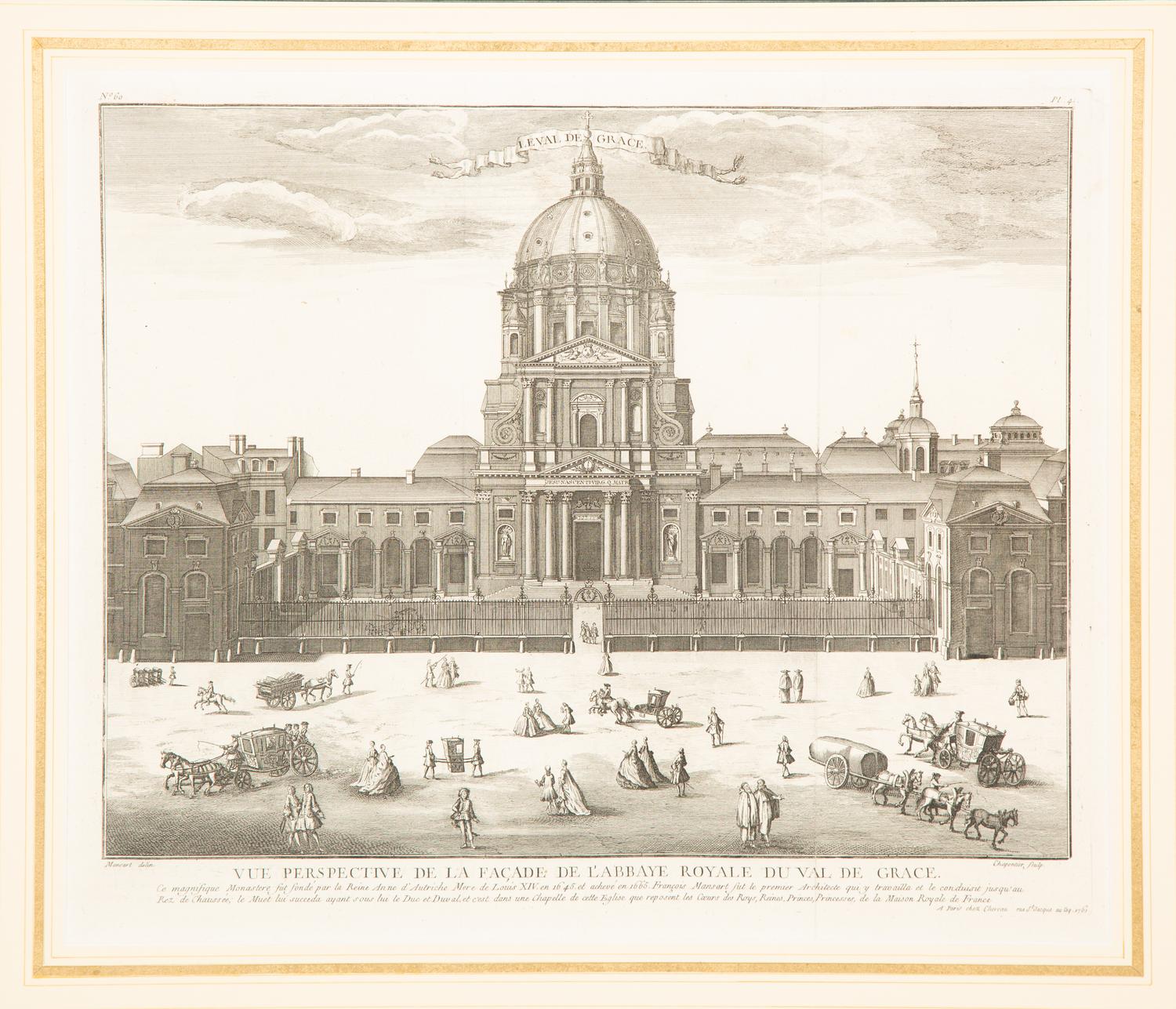 A Copper Engraving by Francois-Philippe Charpentier (French, 1734-1817) Vue Persepctive de la Facade de L'Abbaye Royal du Val du Grace