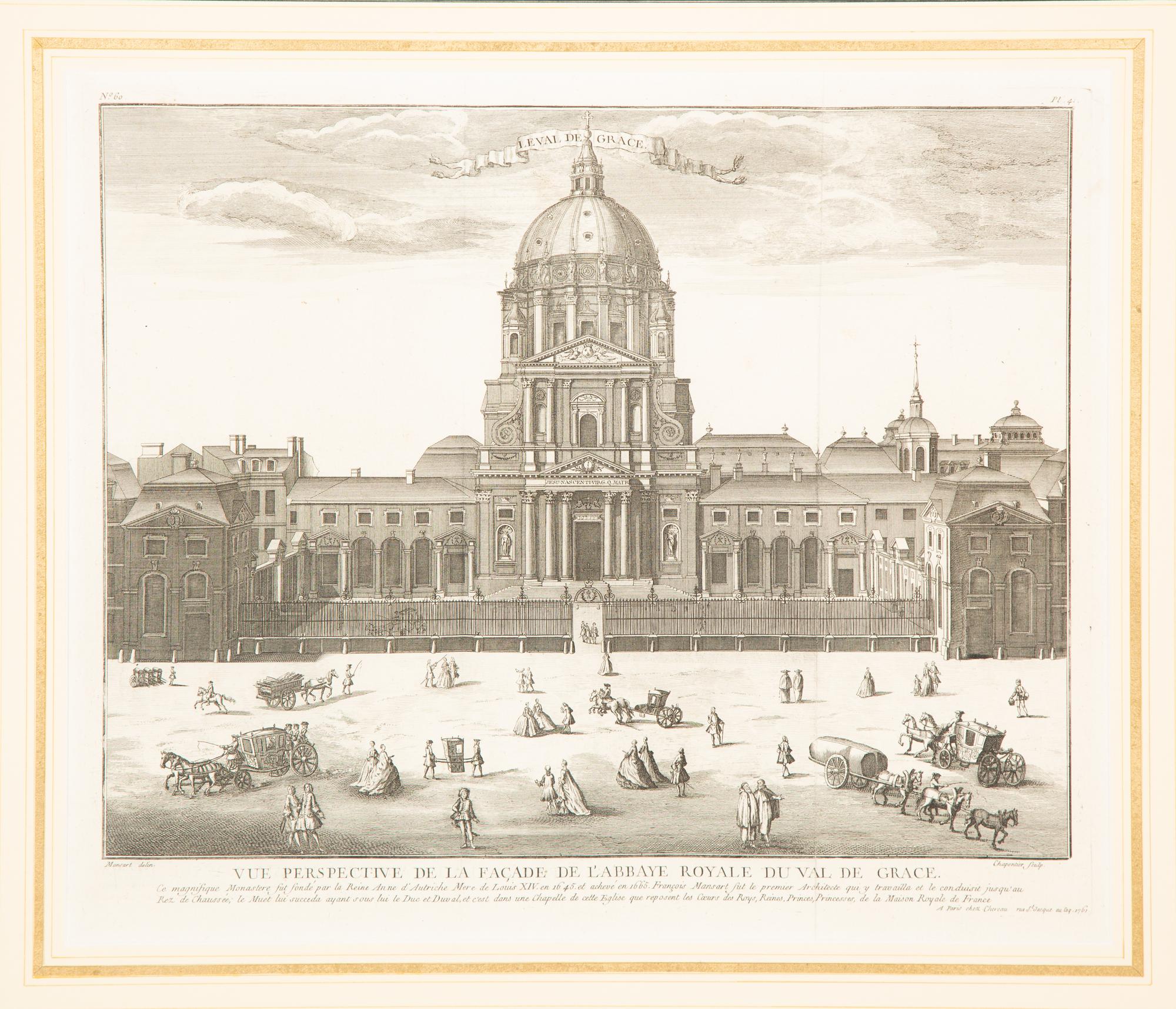 A Copper Engraving by Francois-Philippe Charpentier (French, 1734-1817) Vue Persepctive de la Facade de L'Abbaye Royal du Val du Grace