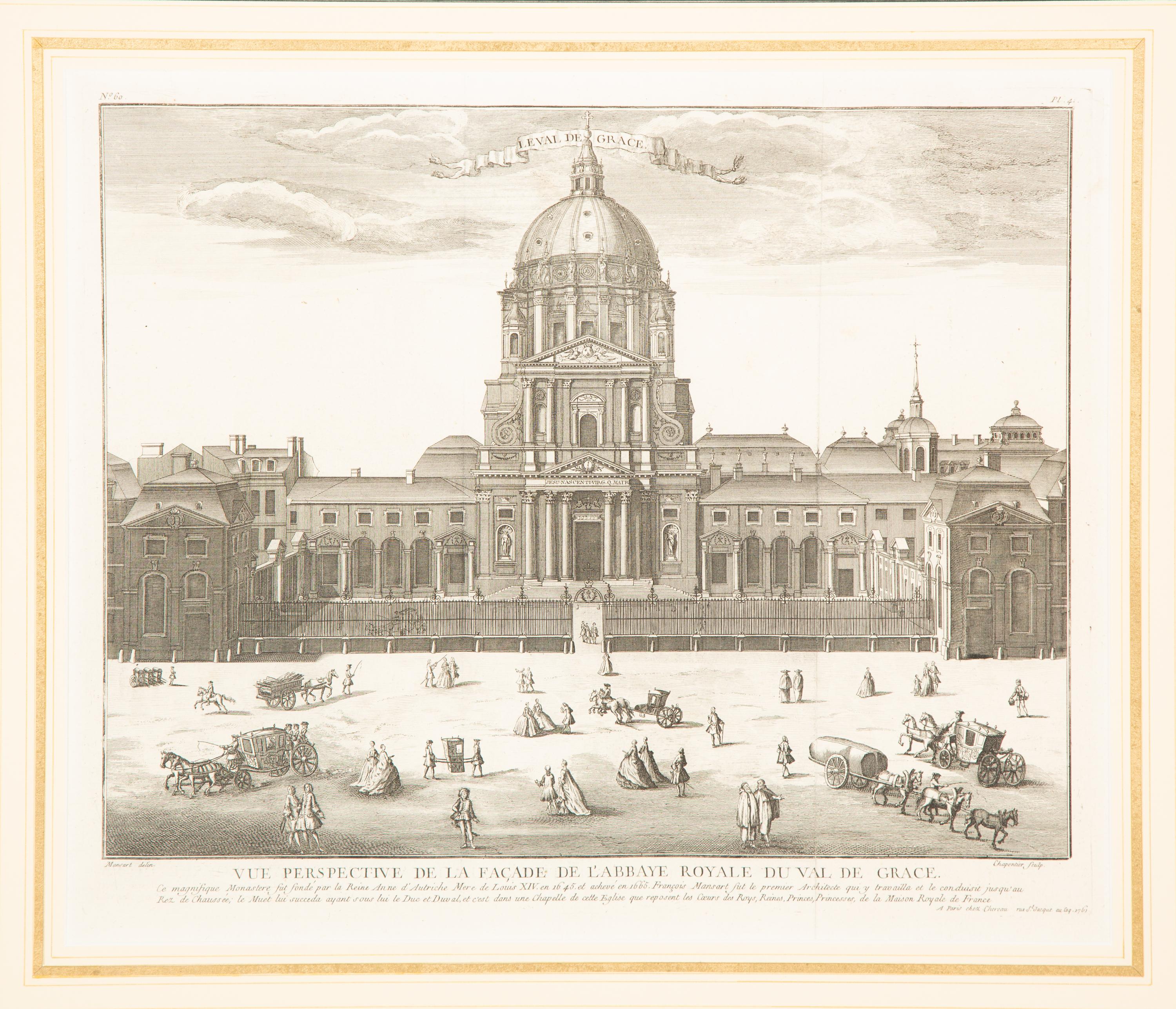 A Copper Engraving by Francois-Philippe Charpentier (French, 1734-1817) Vue Persepctive de la Facade de L'Abbaye Royal du Val du Grace