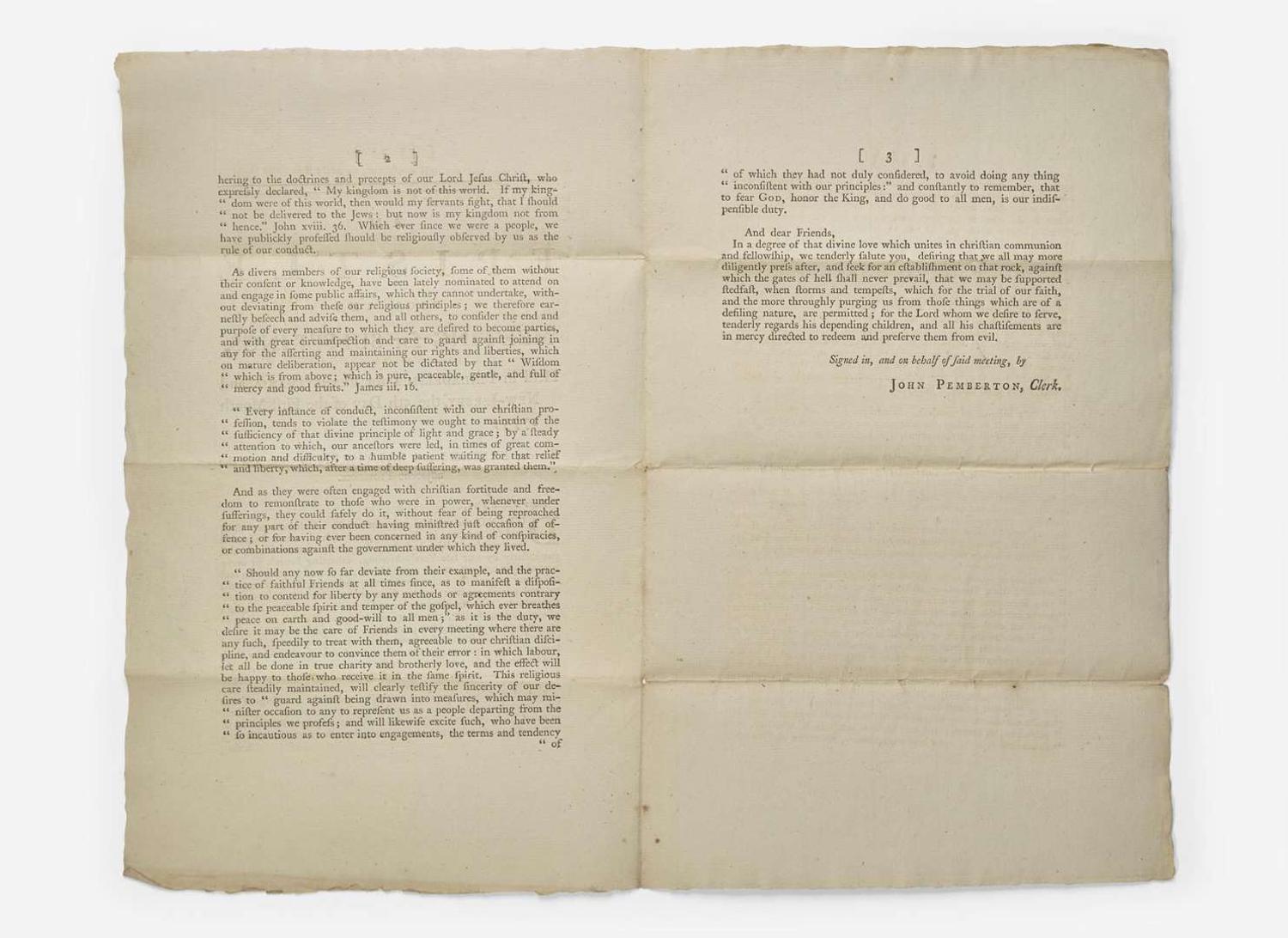[American Revolution] Pemberton, John: An Epistle from the Meeting for Sufferings, Held in Philadelphia for Pennsylvania and New-Jersey, the 5th Day of the First Month 1775