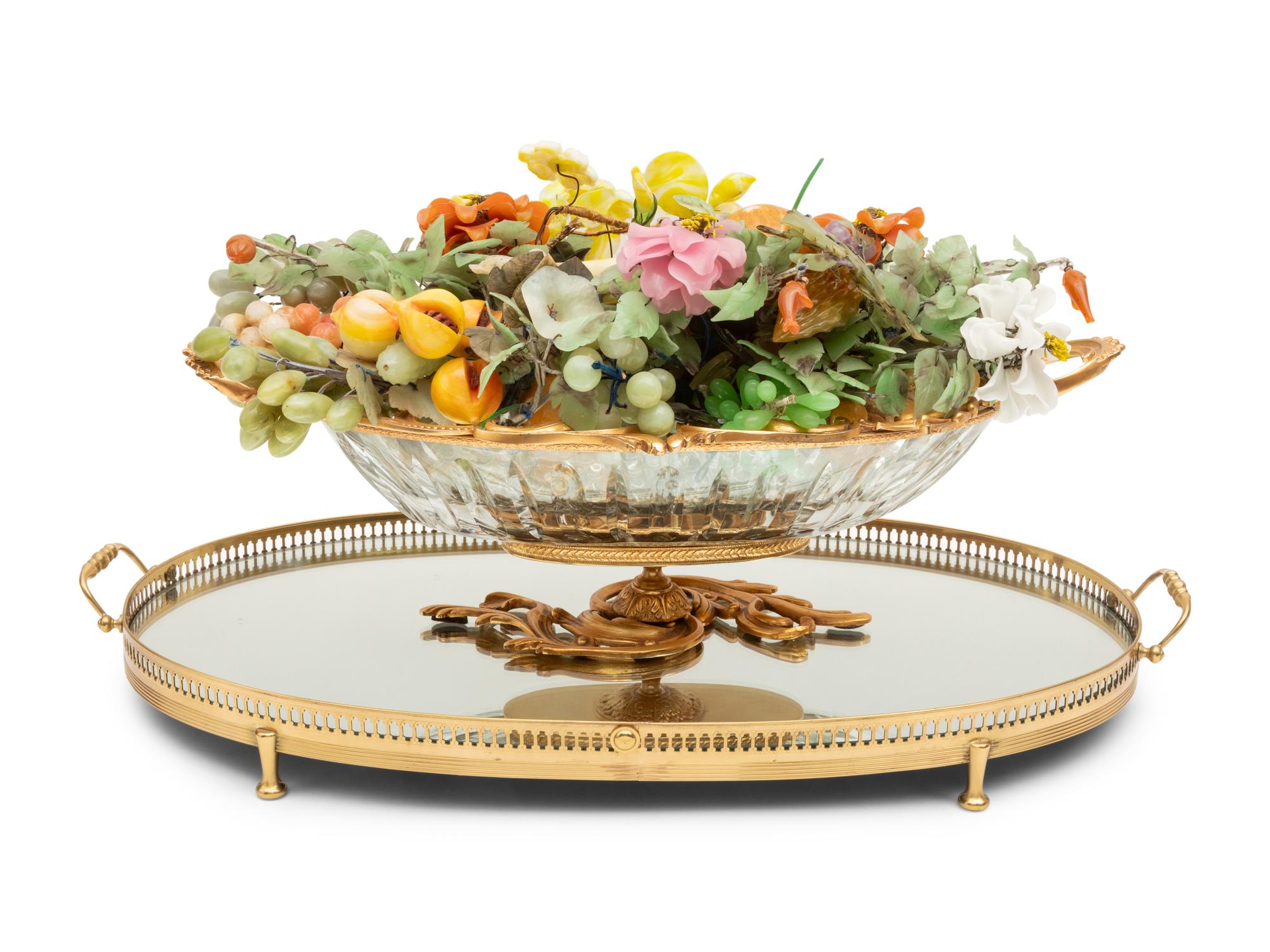 A French Gilt Bronze and Cut Glass Centerpiece Bowl with a Collection of Hardstone Fruit