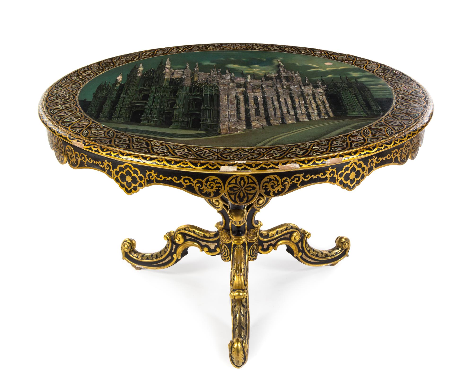A Victorian Mother-of-Pearl Inlaid and Japanned Tilt-Top Table Diameter 48 inches.