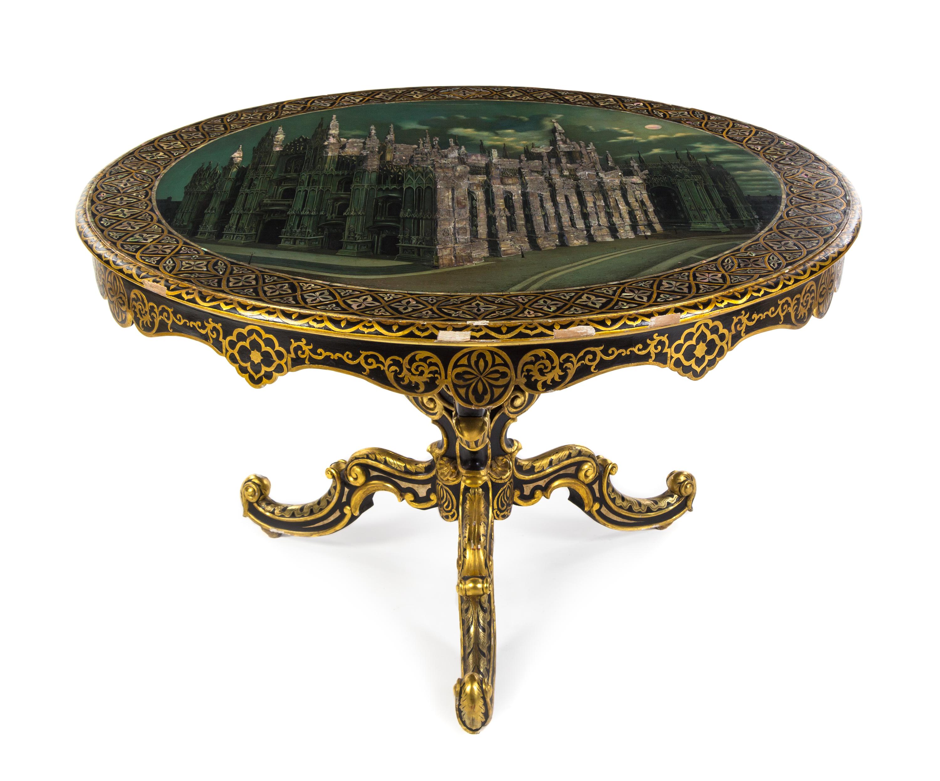 A Victorian Mother-of-Pearl Inlaid and Japanned Tilt-Top Table Diameter 48 inches.