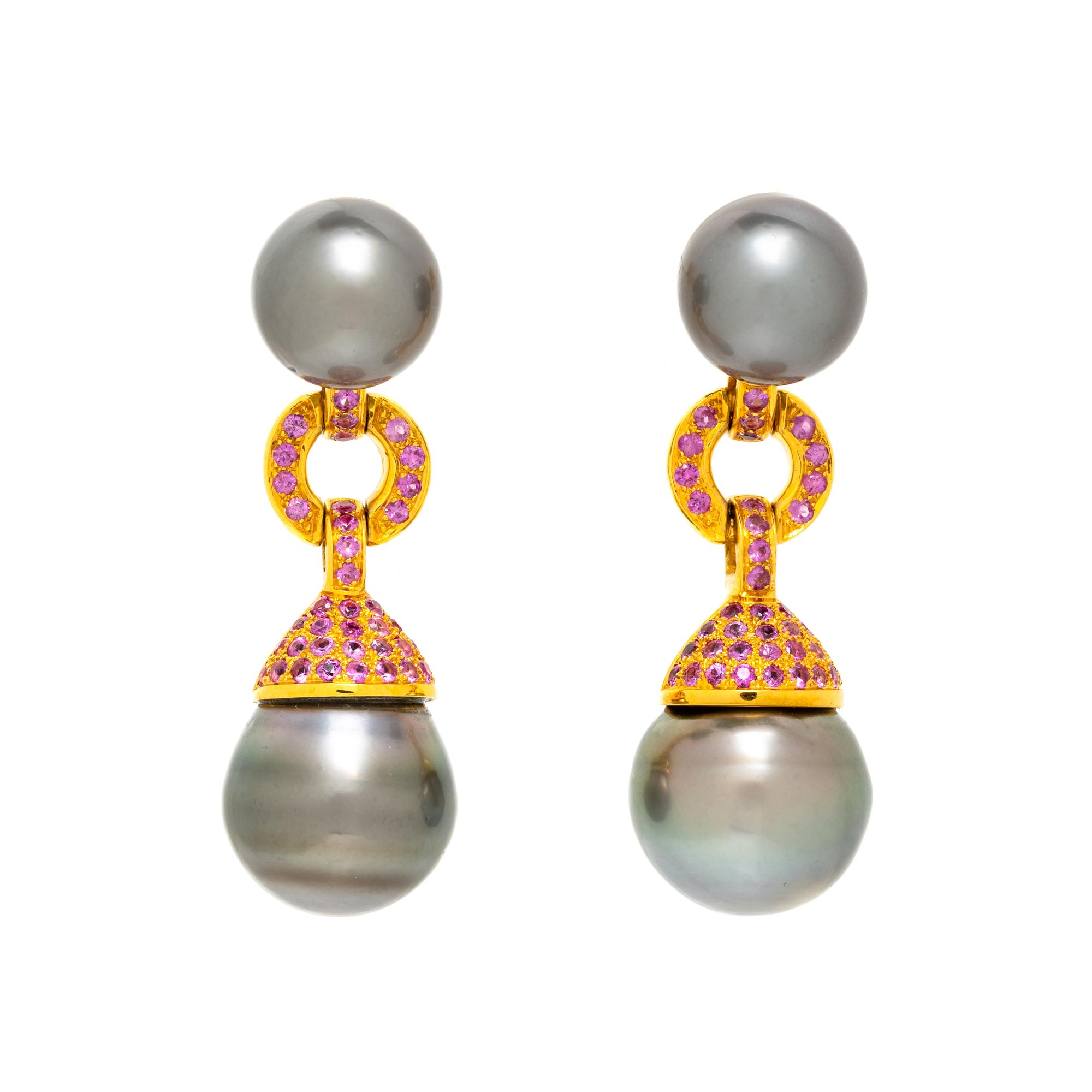 TAHITIAN CULTURED PEARL AND PINK SAPPHIRE EARRINGS