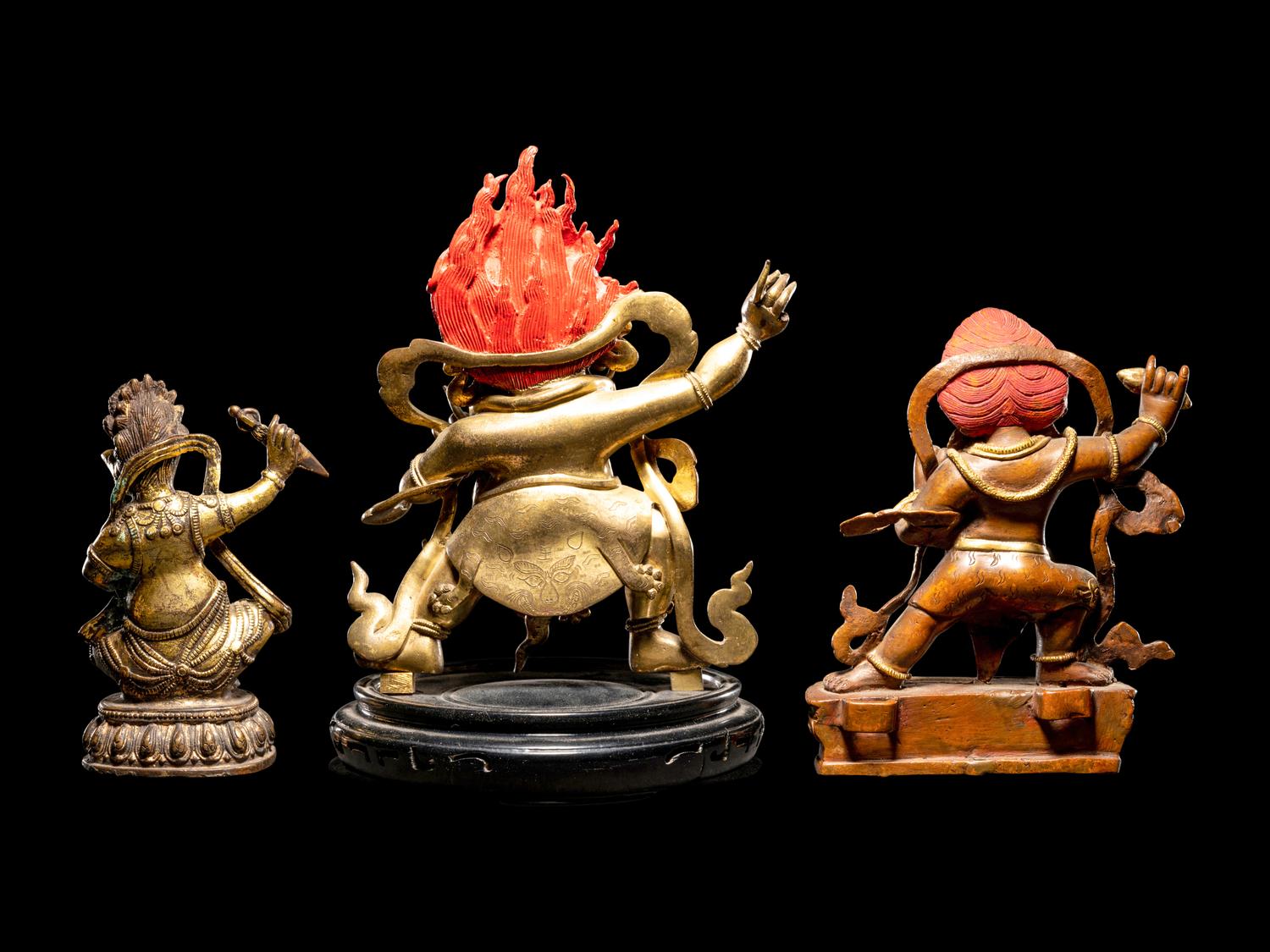 Three Tibetan Gilt Bronze Figures of Guardians