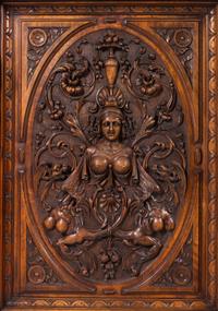 A Pair of Renaissance Revival Carved Walnut Marble-Top Cabinets
