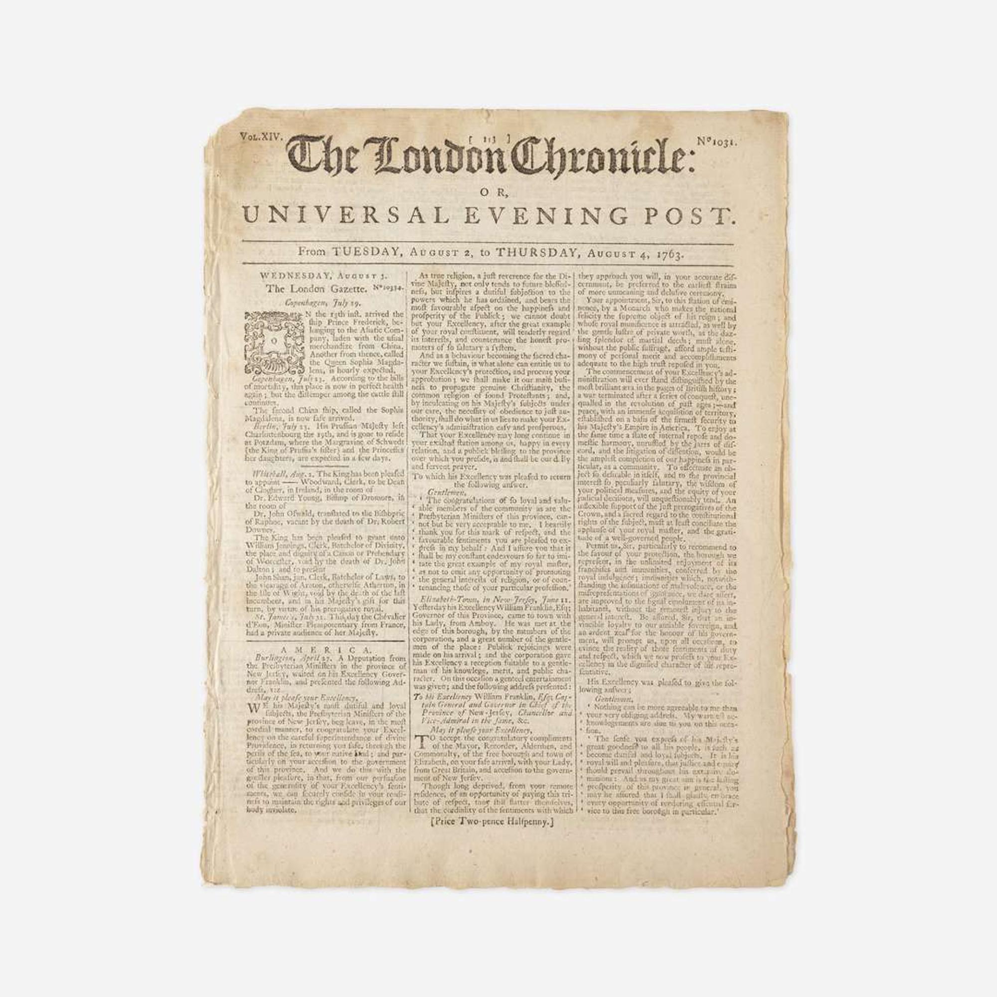 [Americana] [Mason Dixon Line] The London Chronicle: or, Universal Evening Post
